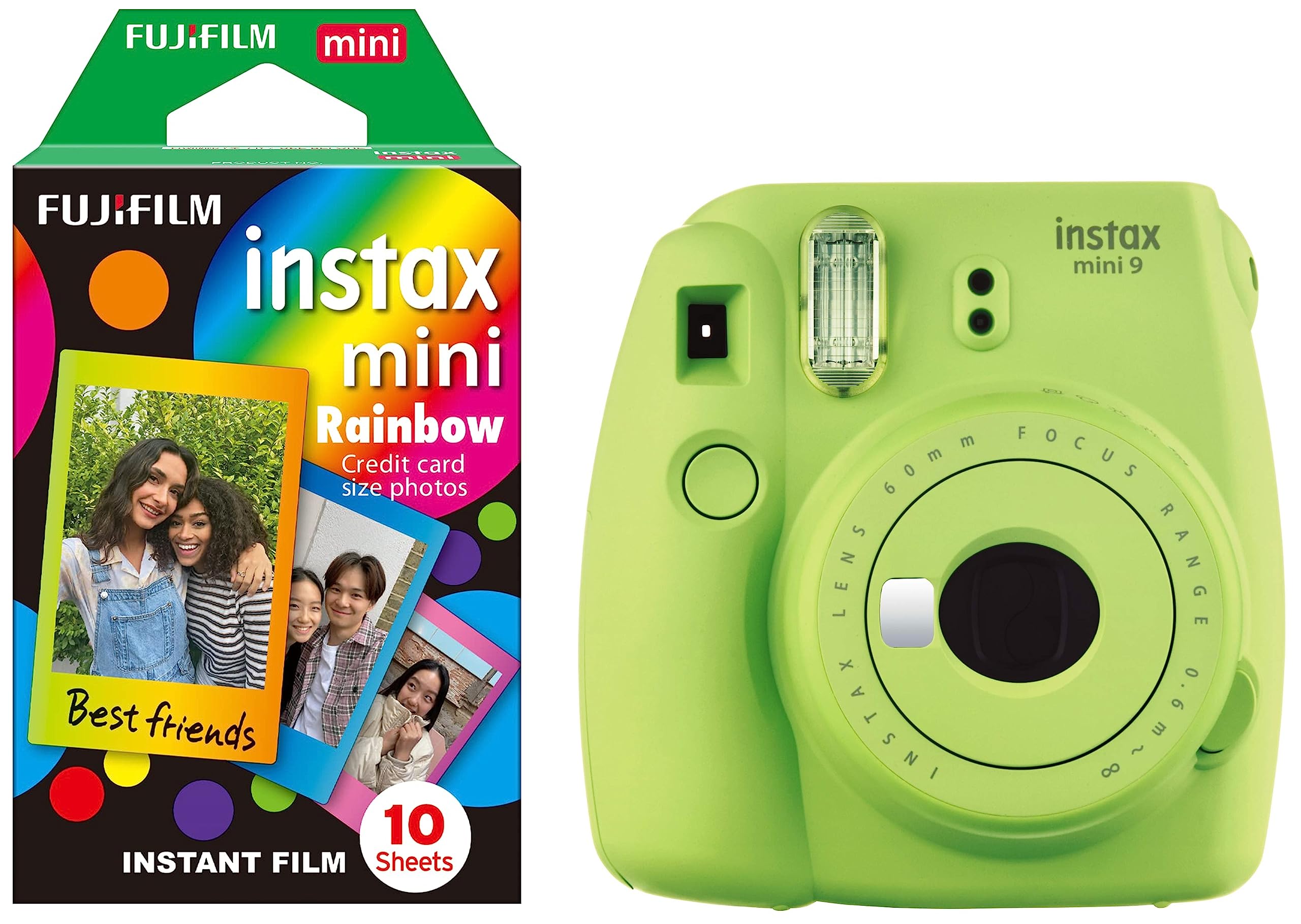 Fujifilm Instax Mini 9 Instant Camera (Lime Green) & Instax Mini Rainbow Instant Film (Multi-Color, 10 Photos per Pack)