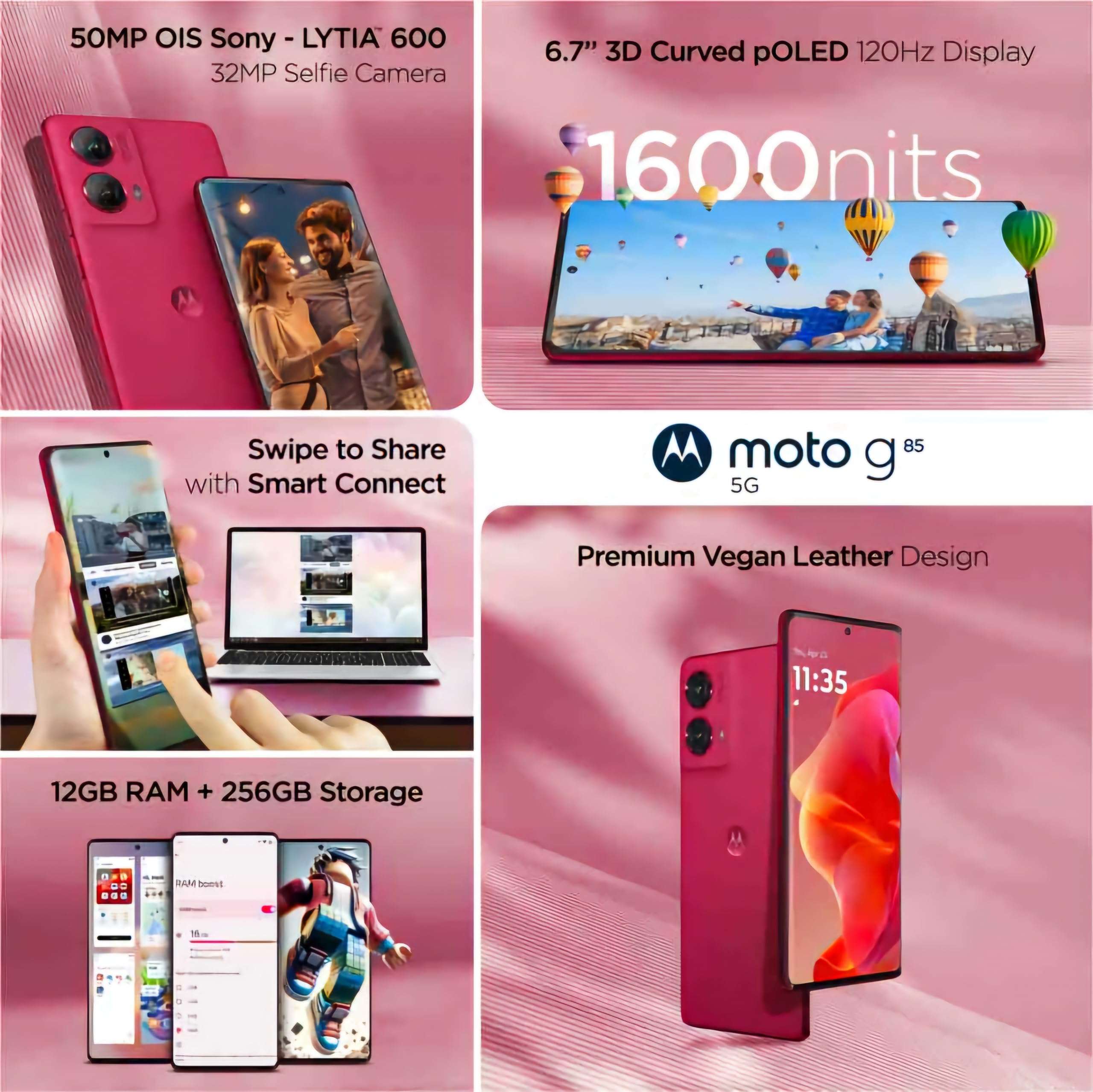 Motorola G85 5G (Viva Magenta, 8GB RAM, 128GB Storage) | 6.67" 3D Curved pOLED 120 Hz Display | Brilliant Shake Free 50 MP OIS Sony - LYTIA 600 Camera | 6s Gen 3 Processor | 33 W TurboPower Charging 4
