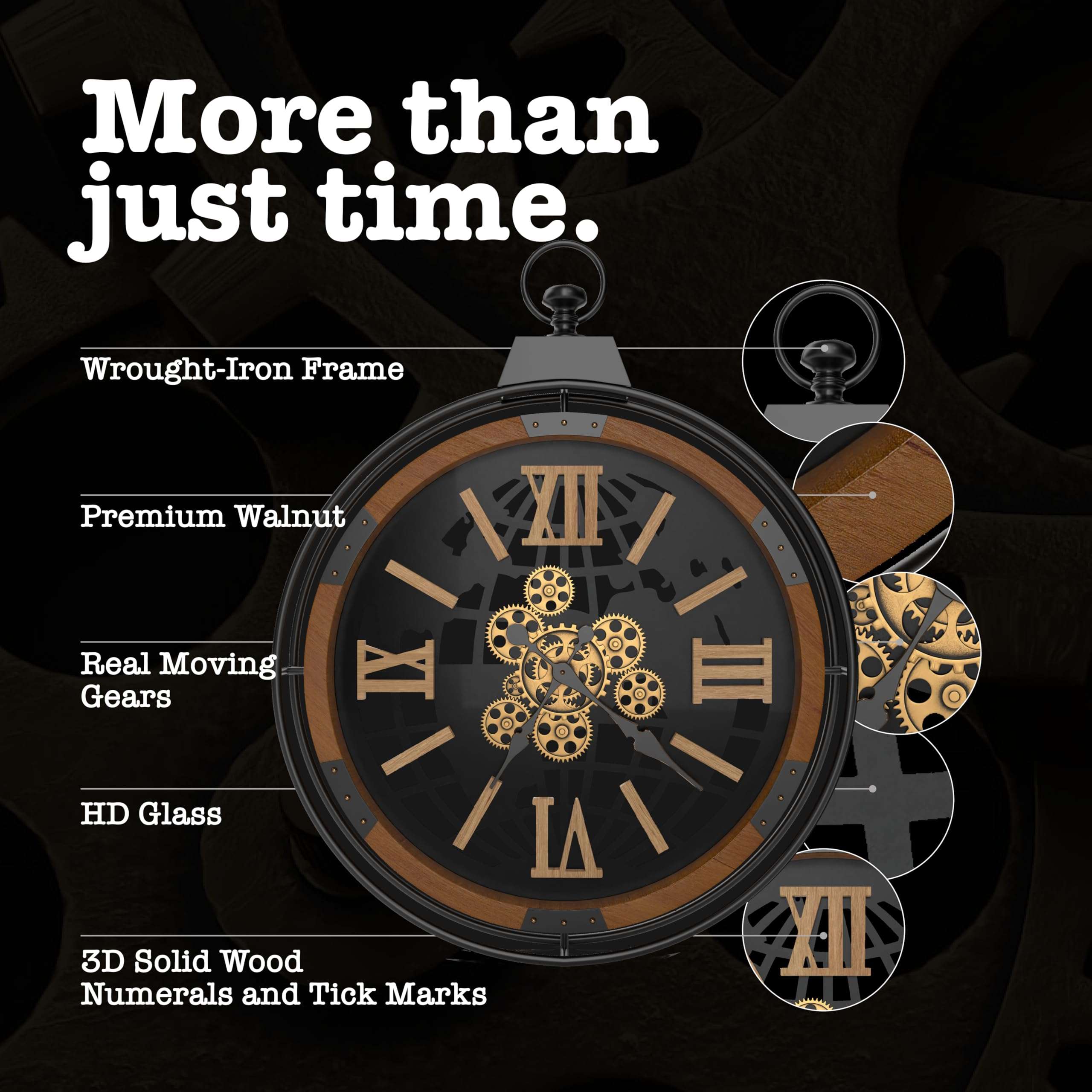 Driini Large Rustic Farmhouse Gear Clock with Moving Gears (Walnut). 24'' and 30'' Bundle 6