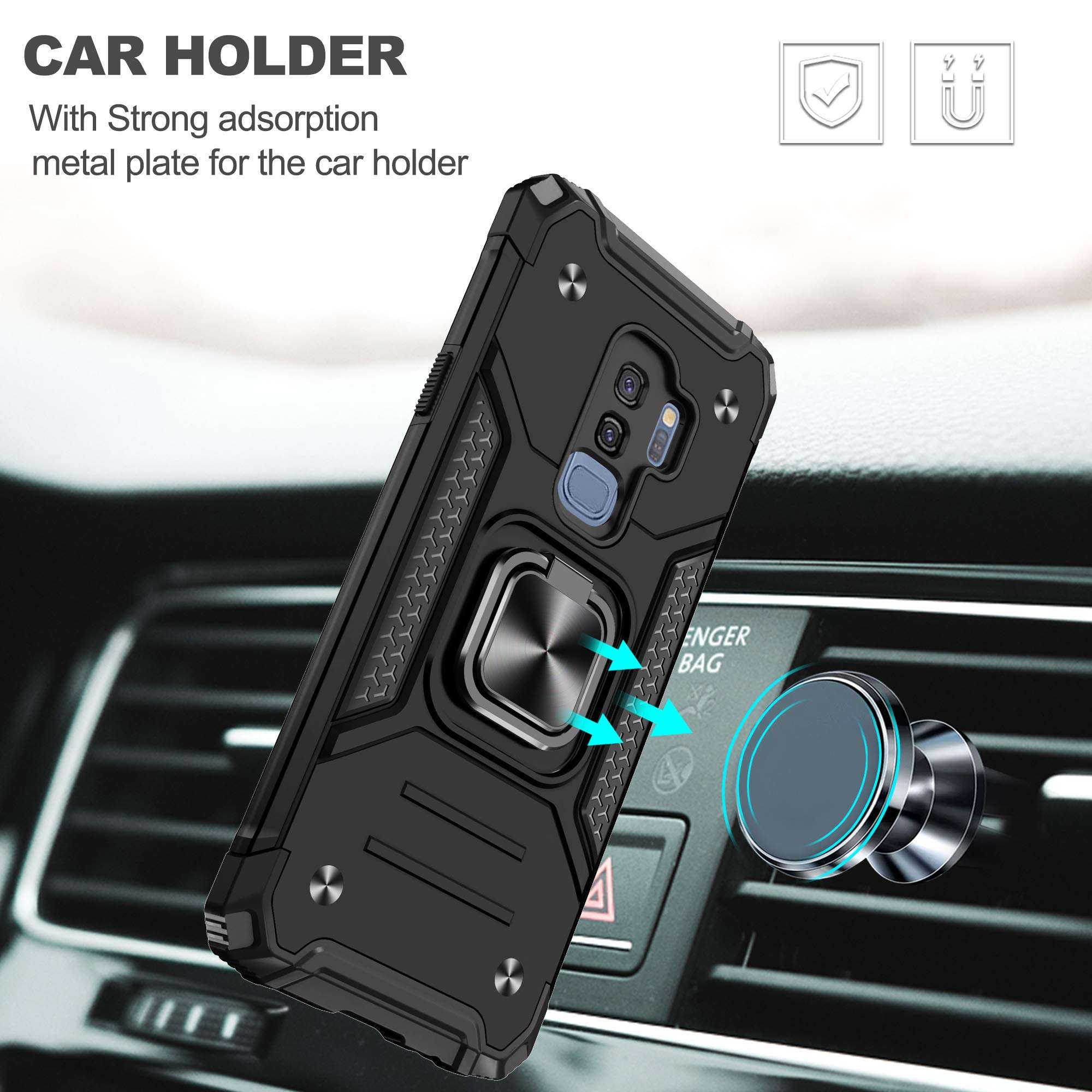 Galaxy S9 Plus Case, Samsung S9 Plus Phone Case with HD Screen Protector, Atump 360° Rotation Ring Kickstand [Military Grade] Dual Layer Shock Absorption Protective Case for Galaxy S9+, Black 5