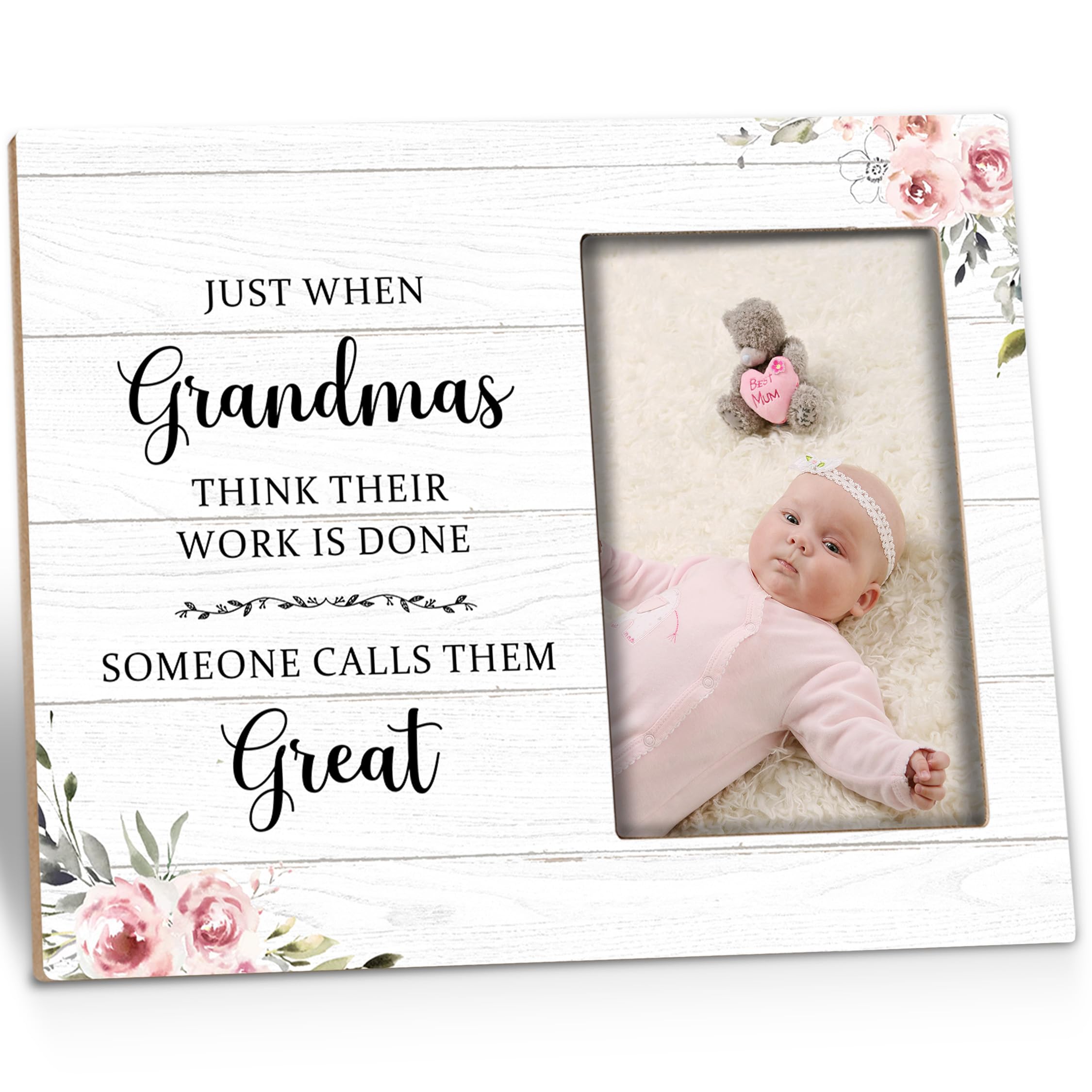 Kneaotoaji Great Grandma Picture Frame - Great Grandma Baby Announcement Gifts, Just When Grandmas Think Their Work Is Done Someone Calls Them Great Wooden Frame for Tabletop or Wall Hanging 4x6 Photo