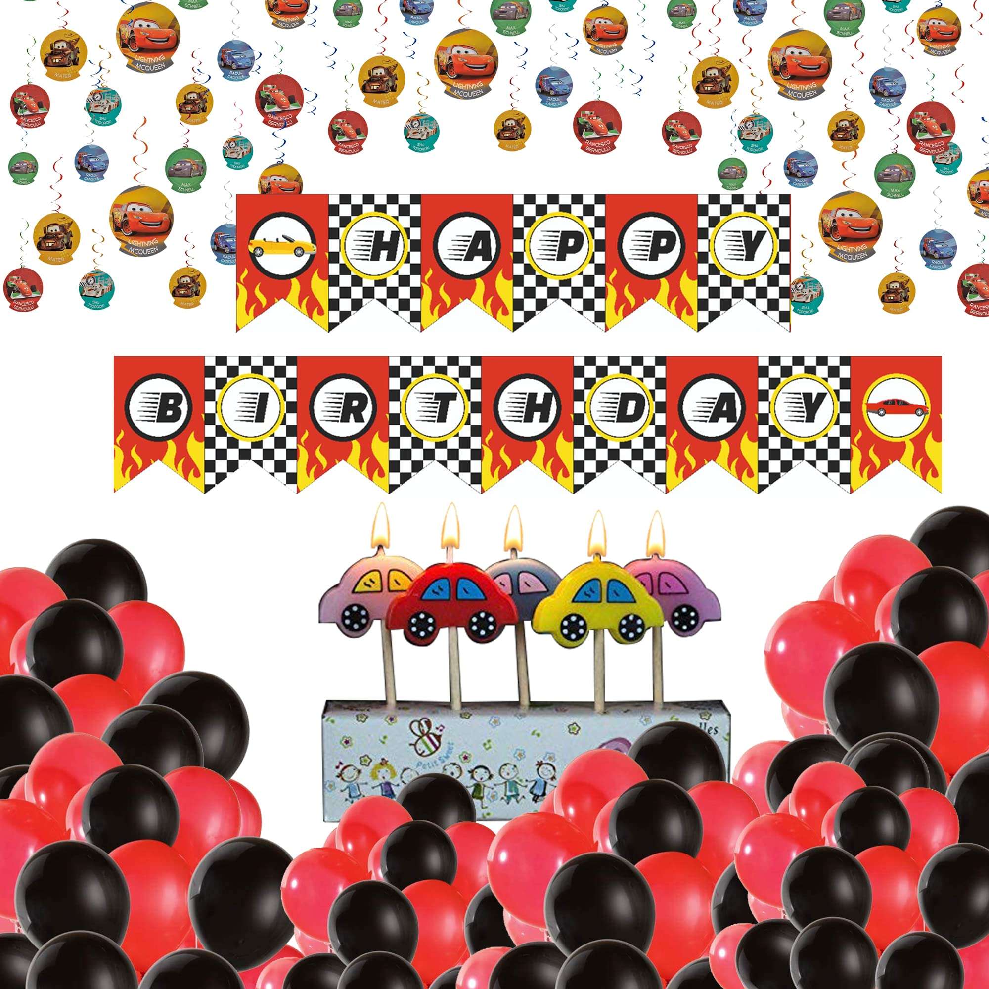 WP WANNA PARTY Cars Theme Birthday Decoration Combo, Race Car Birthday Decorations for Boys-Cars Birthday Banner,Cars Swirl Decoration,Cars Candle and Red and Black Balloons- Pack of 34 Party Props 1