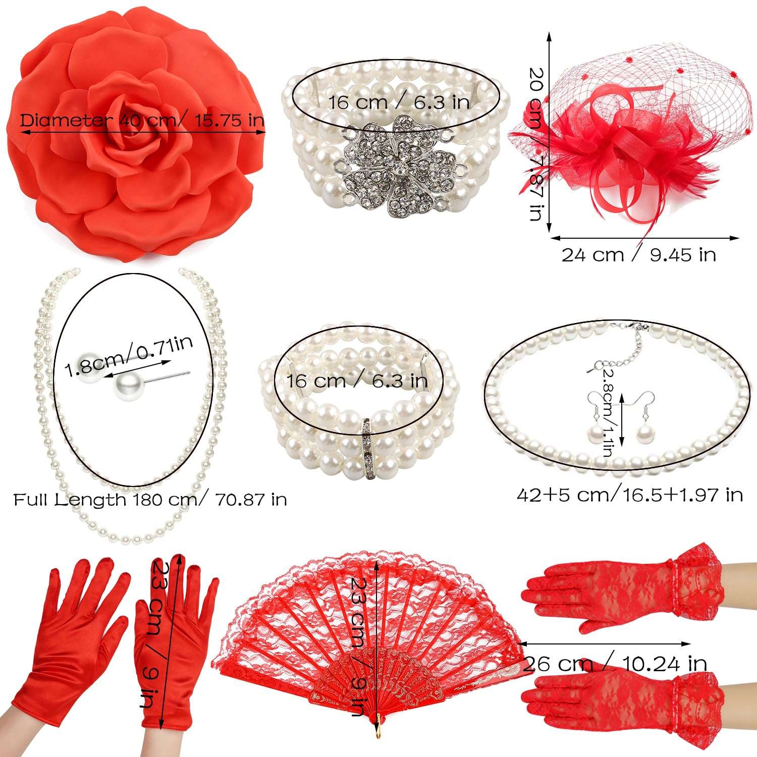 11 Pcs Tea Party Accessory Bride Fascinators Hat for Wedding Women Lace Glove Necklace Bracelet Earrings Lace Folding Fan 6