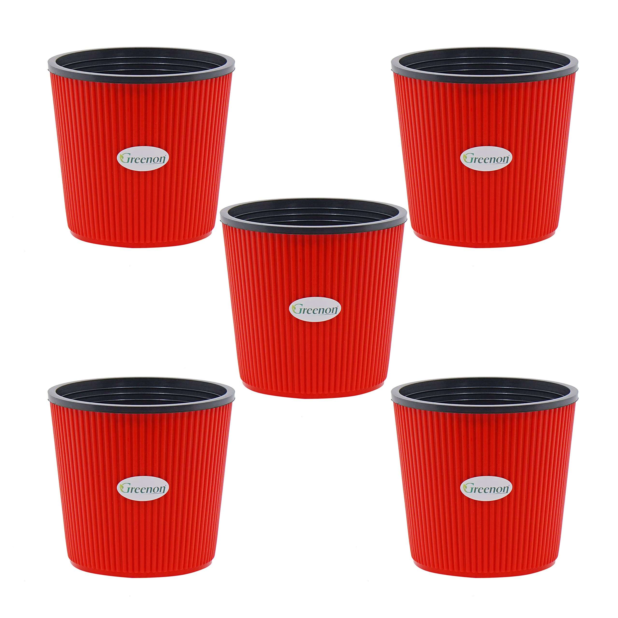 GREENON 5 Inch Small Plant Pot | Pack of 5 | Self Water | Red Outer and Black Inner | Best for Countertop and Tabletop, Balcony | Non-Fadable Planter | Virgin Plastic Gamla | RED 5 1
