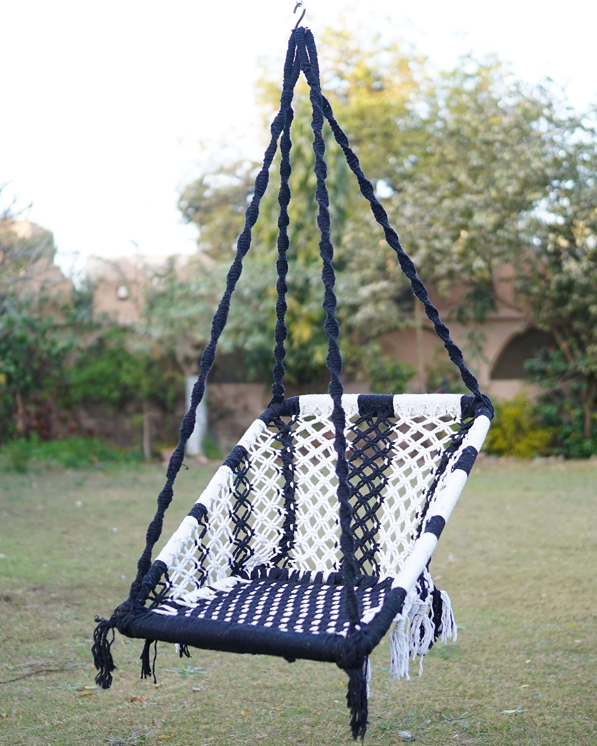 Swing for Adults/Jhula for Adults/Swing for Living Room, Swing for Balcony/Swing Chair/Swing for Adults for Home/Cotton Large Rectangle Hanging Swing with Hanging Kit (Black-White) by Patiofy 4