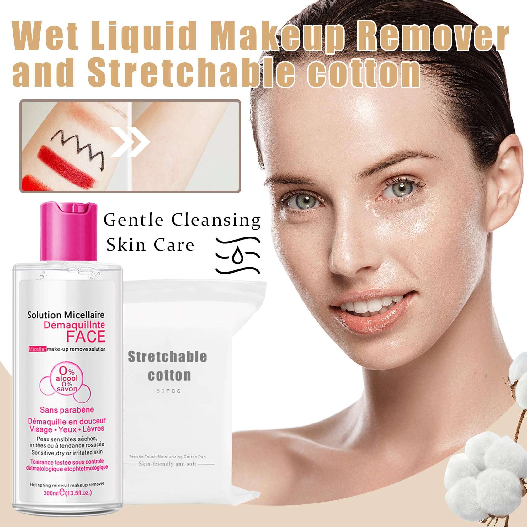 DWDiWen Refreshing Hydrating Facial Cleanser & Makeup Remover for Waterproof Makeup,Cleansing Gentle Make up Remover Water Skin Care Set with Makeup Remover Cotton Pads 3