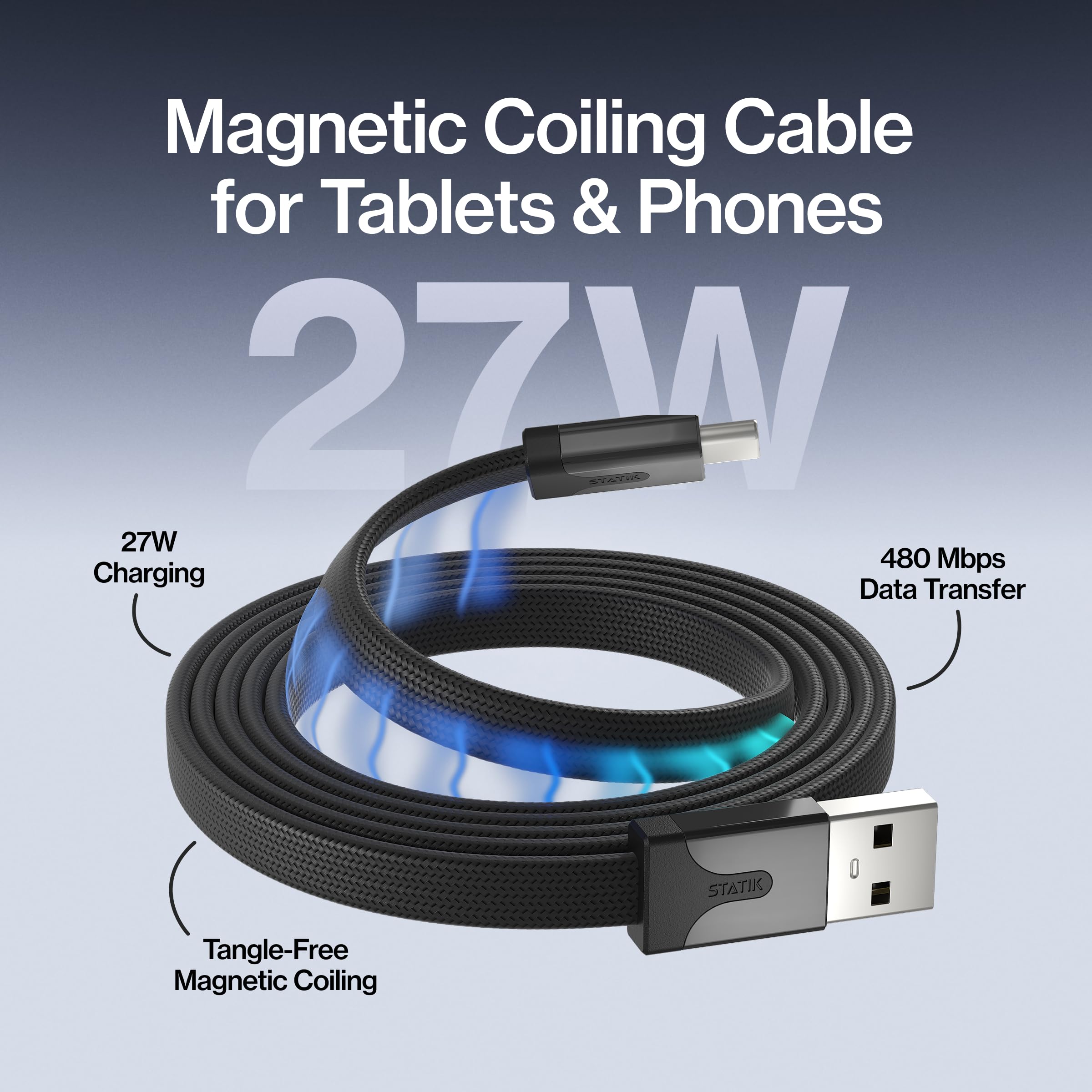 Statik MagStack Slim - USB to USB C Cable, Magnetic Anti Tangle Flat A to Type C Charger Fast Charging Cord, Magnetic Charging Cable, Compatible with iPhone, iPad & Android, 27W 6FT, 5-Pack 3