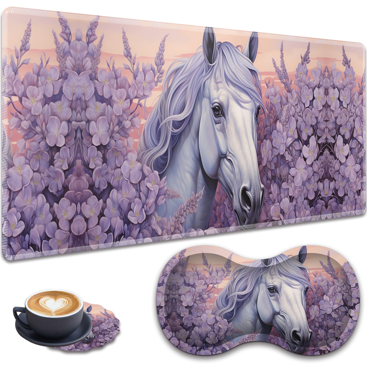 Mouse Pad Set, Large Gaming Mouse Pad (31.5X 11.8 inches)+ Wrist Rest Pad + Coaster, Ergonomic Wrist pad, Home Office Desk Accessories Decor Supplies, Horse Lavender Floral