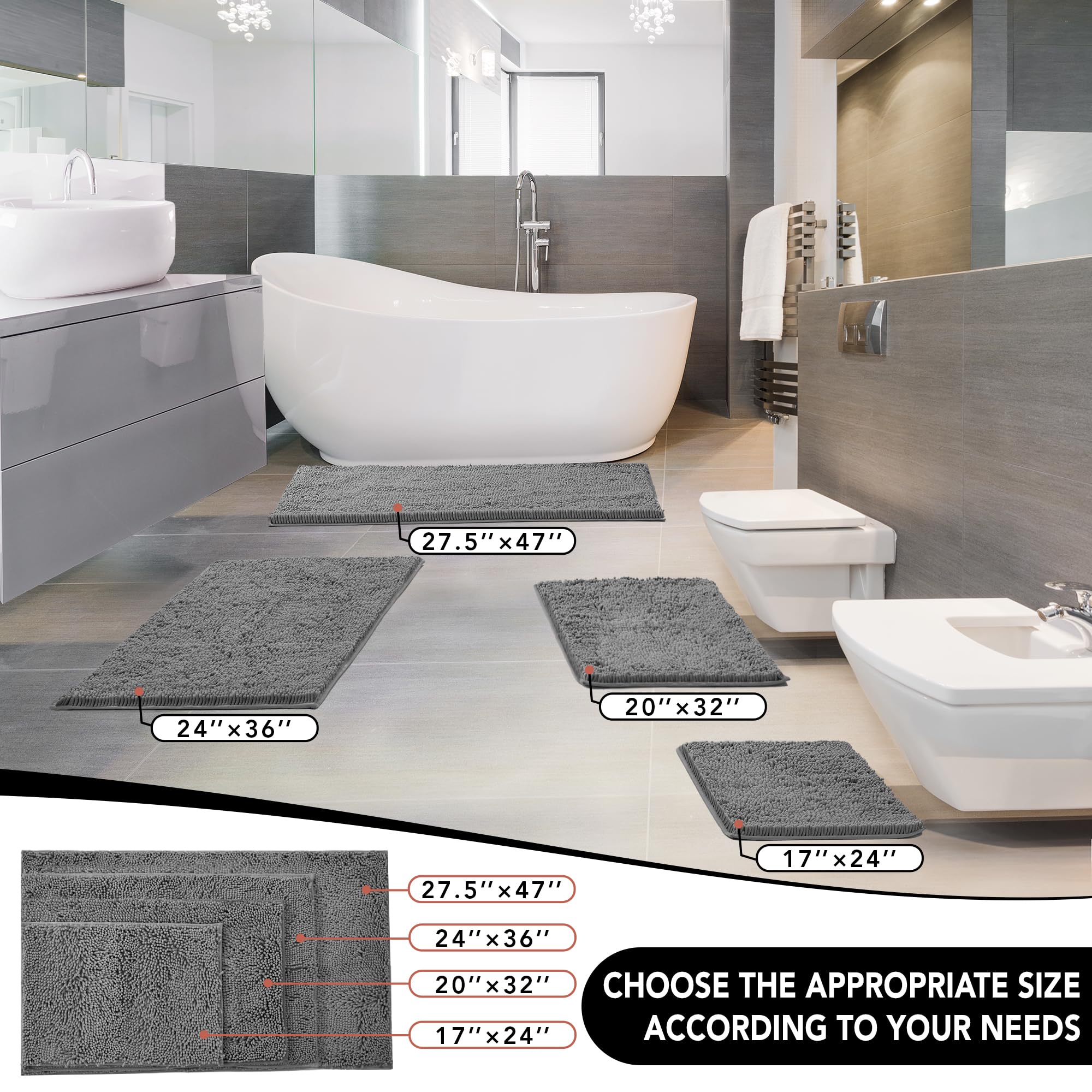 Deconovo Bathroom Rugs, 47"x27.5", Super Soft Plush Chenille Bath Mat, Machine Washable Absorbent Shower Rug, Non-Slip Rubber Backing for Bathroom Shower Entryway Door, Grey 4