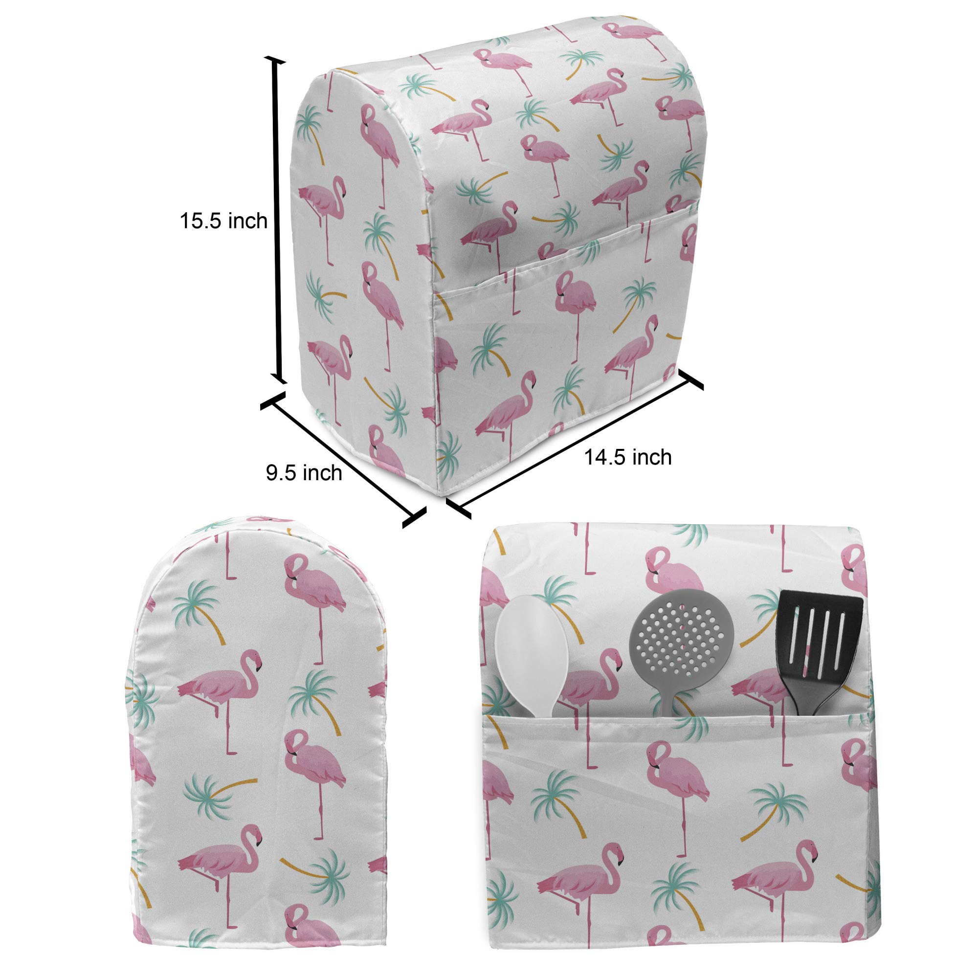Lunarable Flamingo Stand Mixer Cover, Happy Summer Vibe Themed Pattern Palm Trees and Birds, Kitchen Appliance Organizer Bag Cover with Pockets, 6-8 Quarts, Pink Turquoise 5