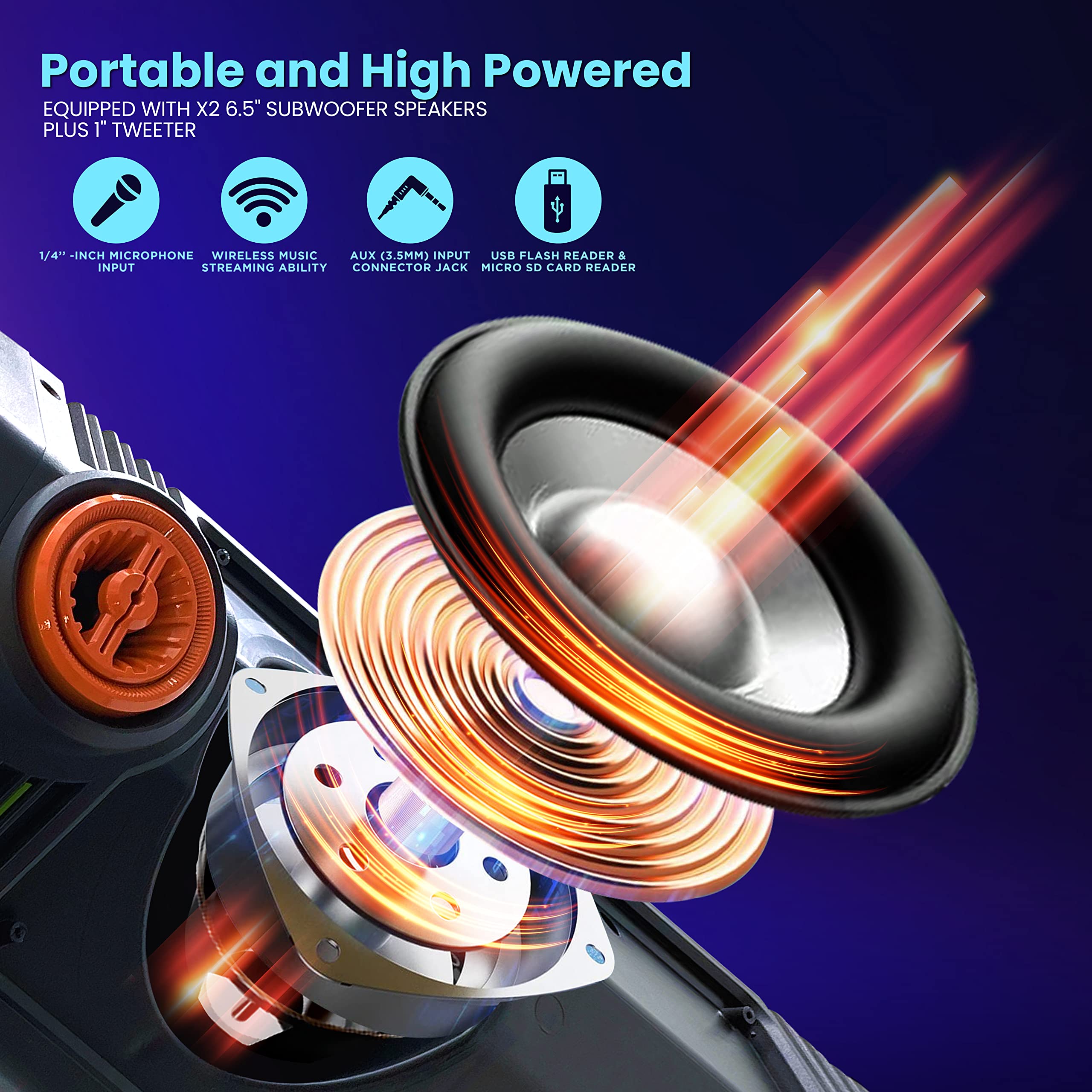 Pyle Portable Bluetooth PA Speaker - 300W Dual 6.5” Rechargeable Indoor/Outdoor BT Karaoke Audio System-Party Lights,LED Display,FM/AUX/MP3/USB/SD, 1/4" in, Handle, Wheels-Wireless Mic, Remote Control 5