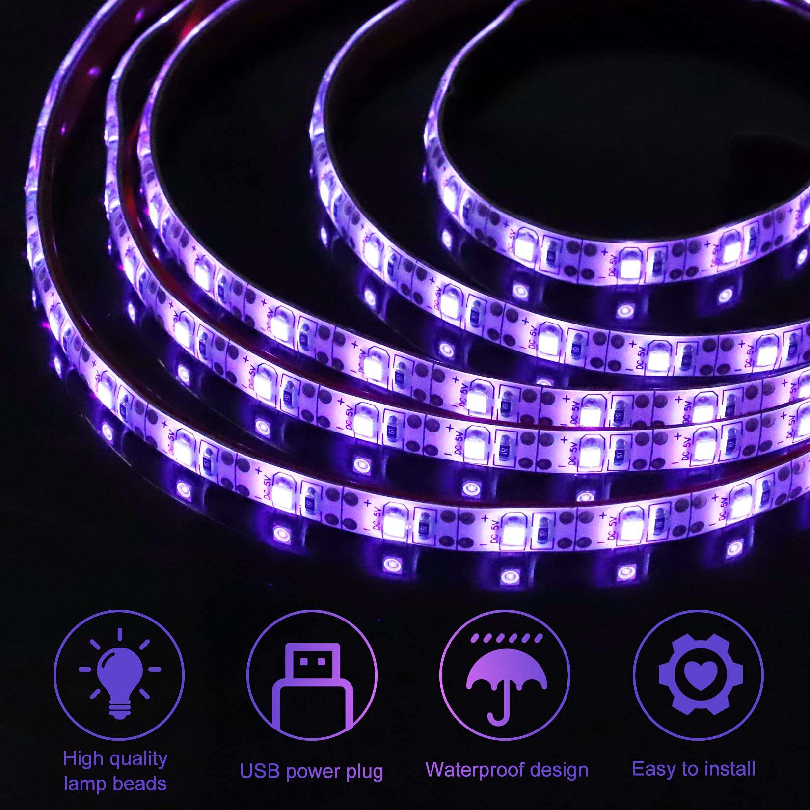 UV Light Strip USB UV Black Light Strip DC5V 390nm-400nm 6.56FT/2M SMD 3528 120LEDs IP65 Waterproof Super Bright LED Strip Lights, for Fluorescent Dance Party Body Paint Stage Lighting (USB+Switch) 2
