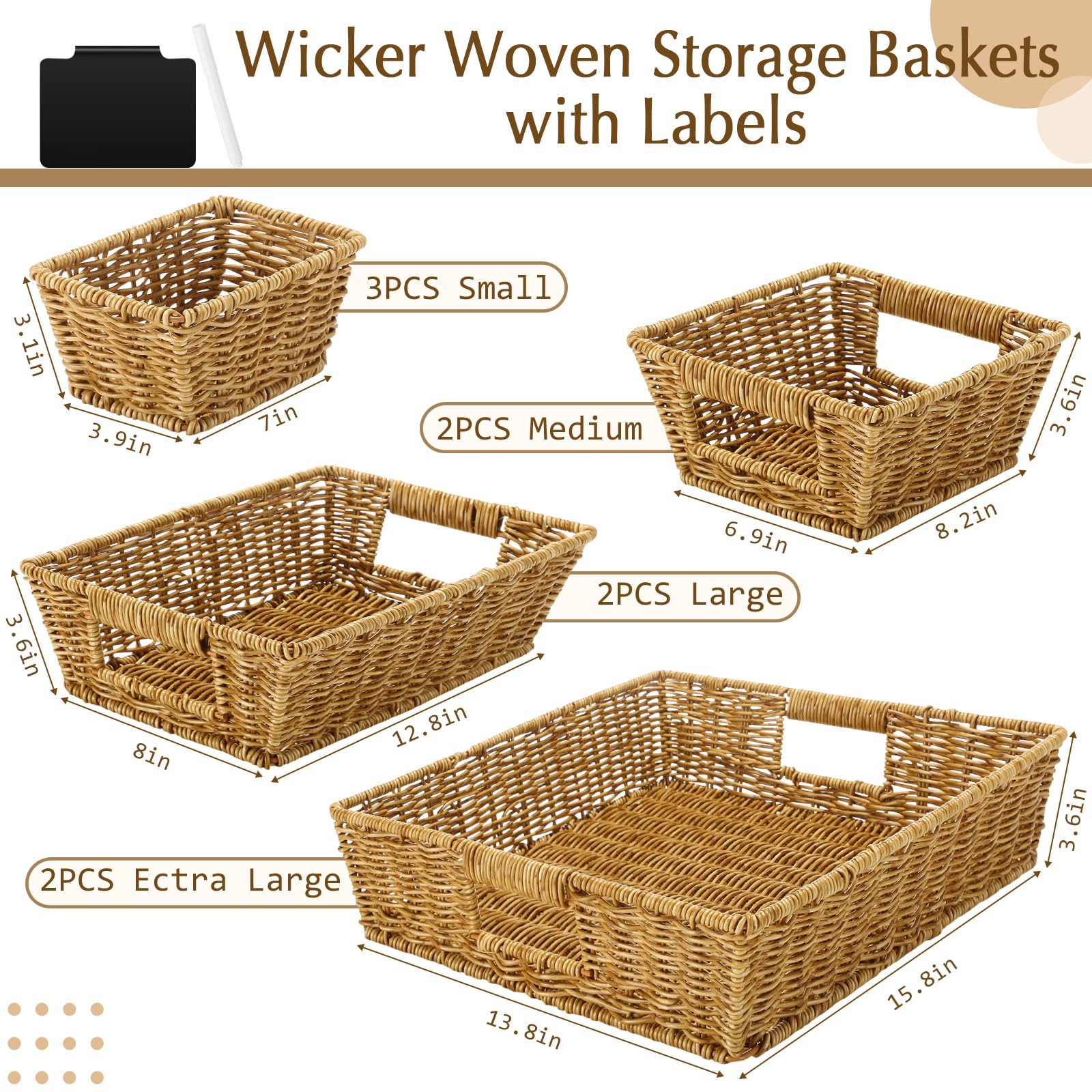 Marsui Wicker Storage Baskets with labels Set Of 9 Handwoven Multi-size Brown Storage Bins For Organizing Small Baskets Container with handle for Shelves Closet Baskets Pantry Toilet(Primary Colour) 3