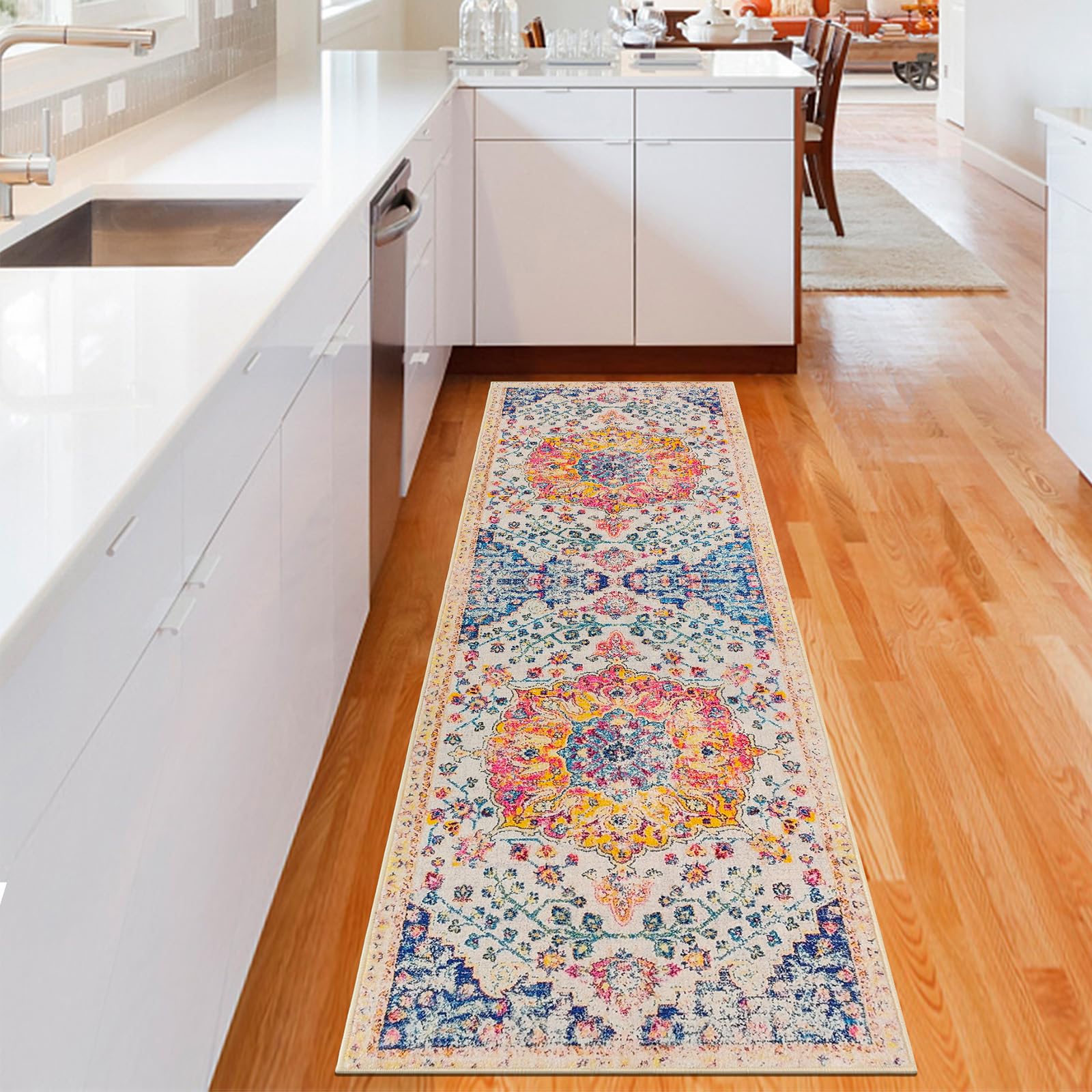 Boho Washable Runner Rug 2x6 Persian Kitchen Mat Rubber Backed Throw Rugs Low Pile Iranian Rug Runners for Hallways 6ft Non Slip Bedroom Laundry Rug 6
