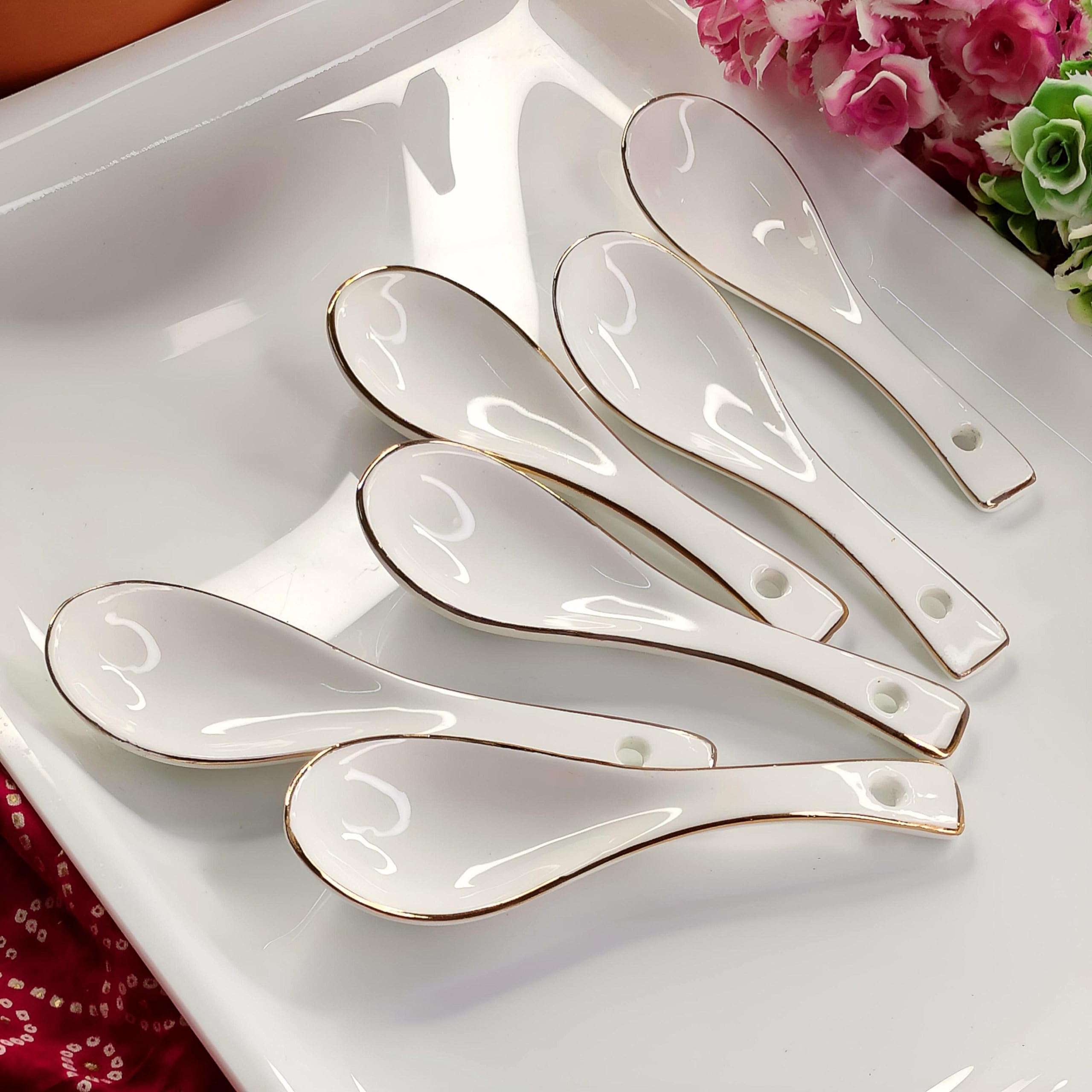 Vemlons Soup Spoons Ceramic Soup Spoon/Ceramic Golden line Soup Spoon Set of 6 Piece Spoon Set 1