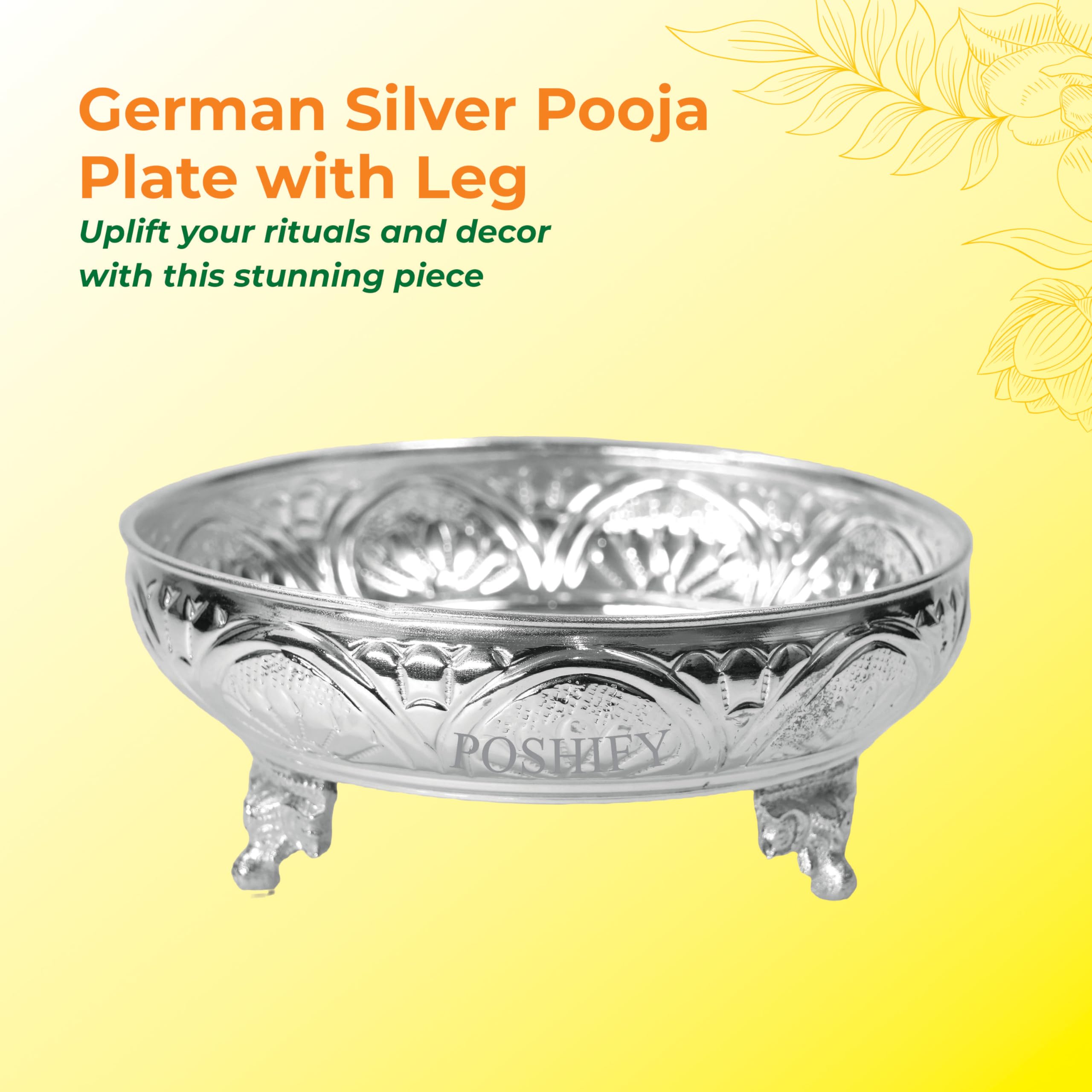 Poshify German Silver Pooja Plate with Leg for Spiritual Growth, Home Decor, Traditional Puja Thali, Aarti Plate, Temple Decoration, Puja Room Essentials, Diwali Decorations, Handcrafted Silverware 4