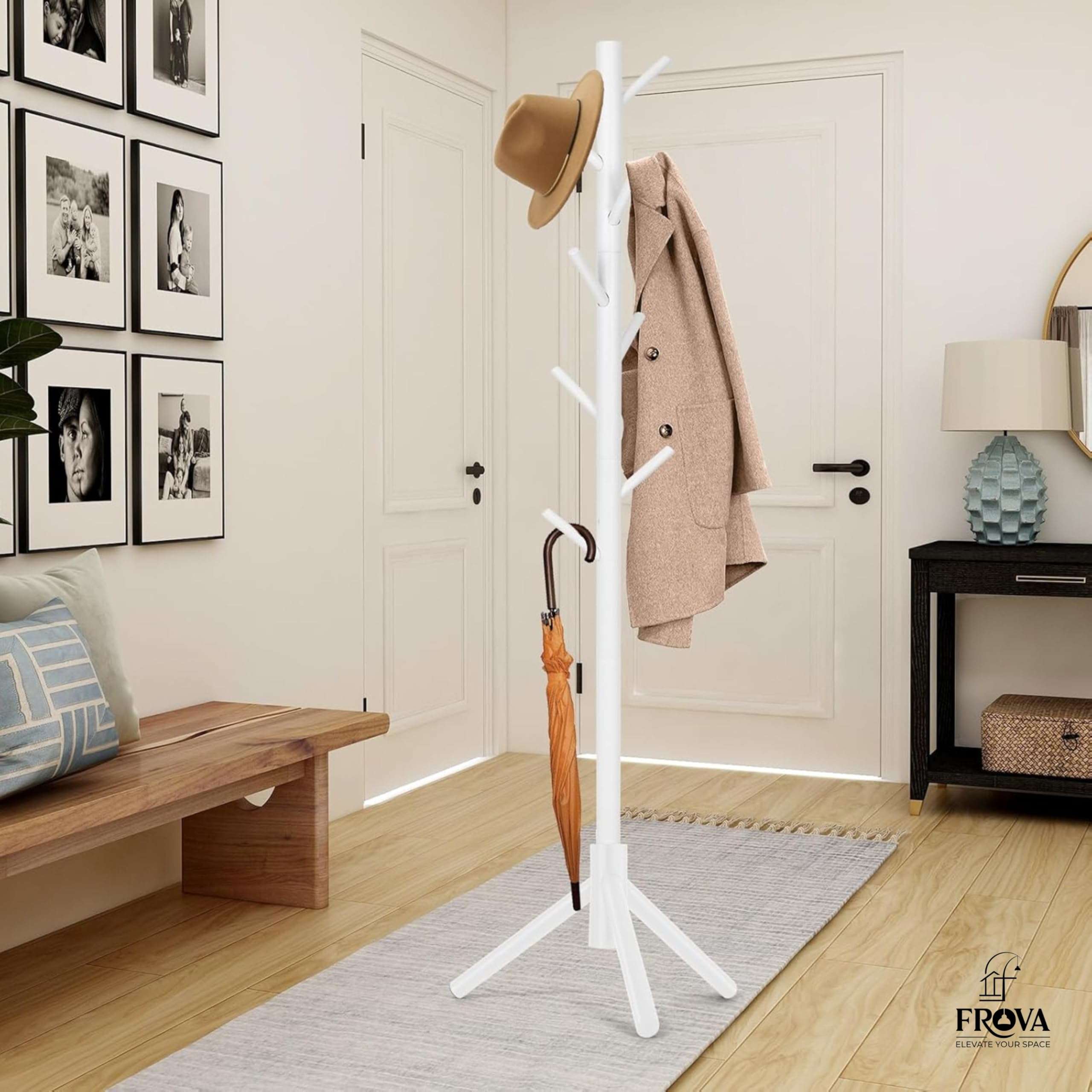 FROVA Wooden Clothes Hanging Stand with 8 Hooks | Free Standing Coat Hanger for Home | Ideal for Coats, Hats, Bags & Scarves | Cloth Stand for Bedroom | 9x9x68 inch, 1 Piece (White) 3