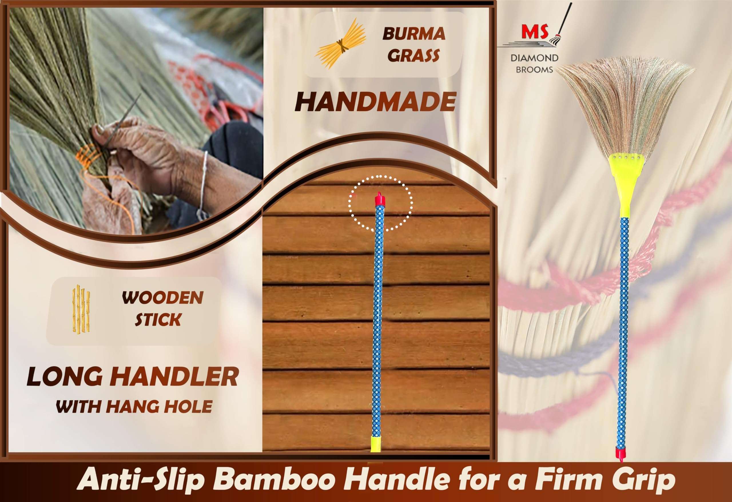 MSD Indonesia Less Dust Hard Floor Grass Broom, Wooden Longhandle Jhadu for Home Cleaning (1) 4
