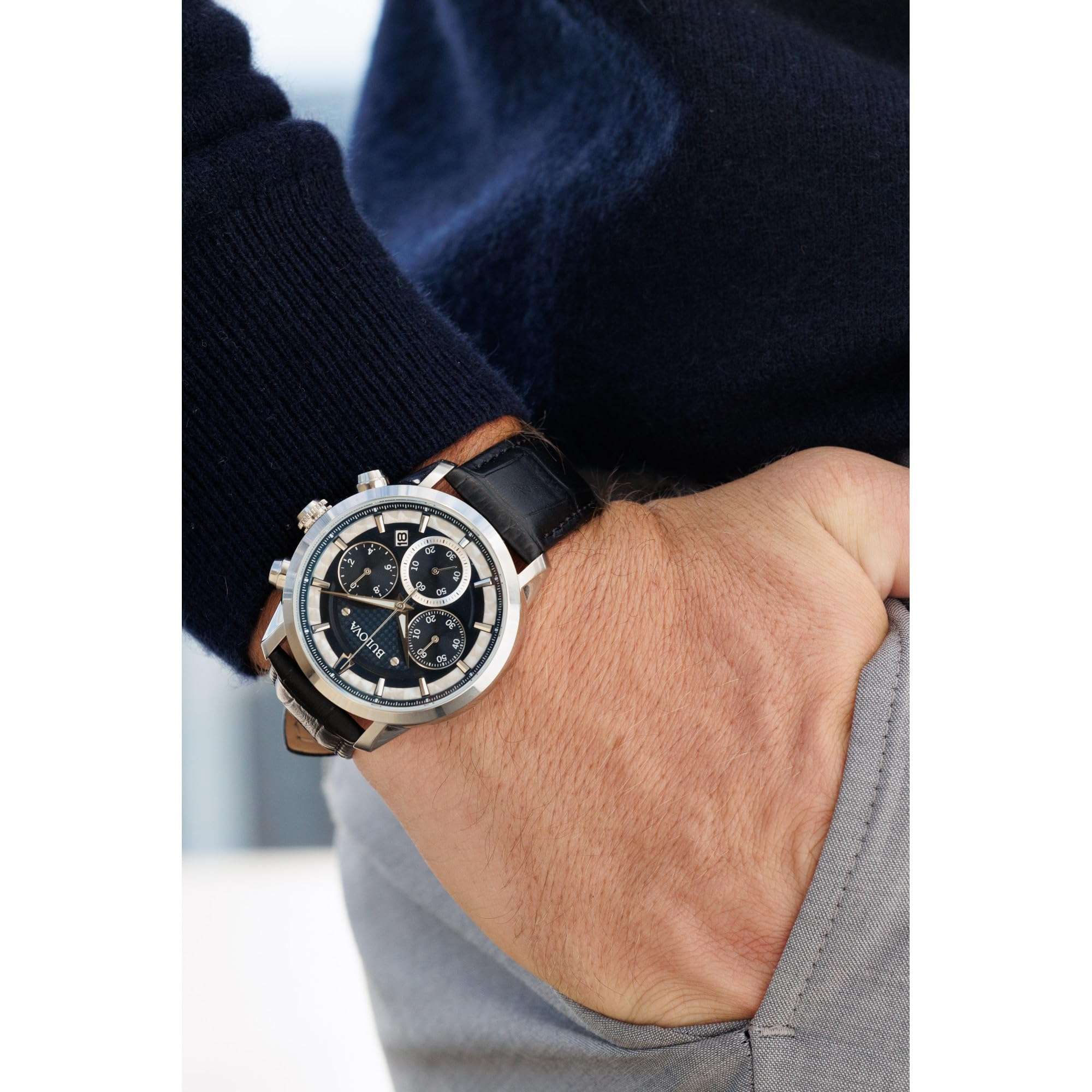 Bulova Men's Classic Sutton 6-Hand Chronograph Quartz Silver Stainless Steel Case Watch with Black Leather Strap, Blue Dial, 44mm Style: 96B420 5