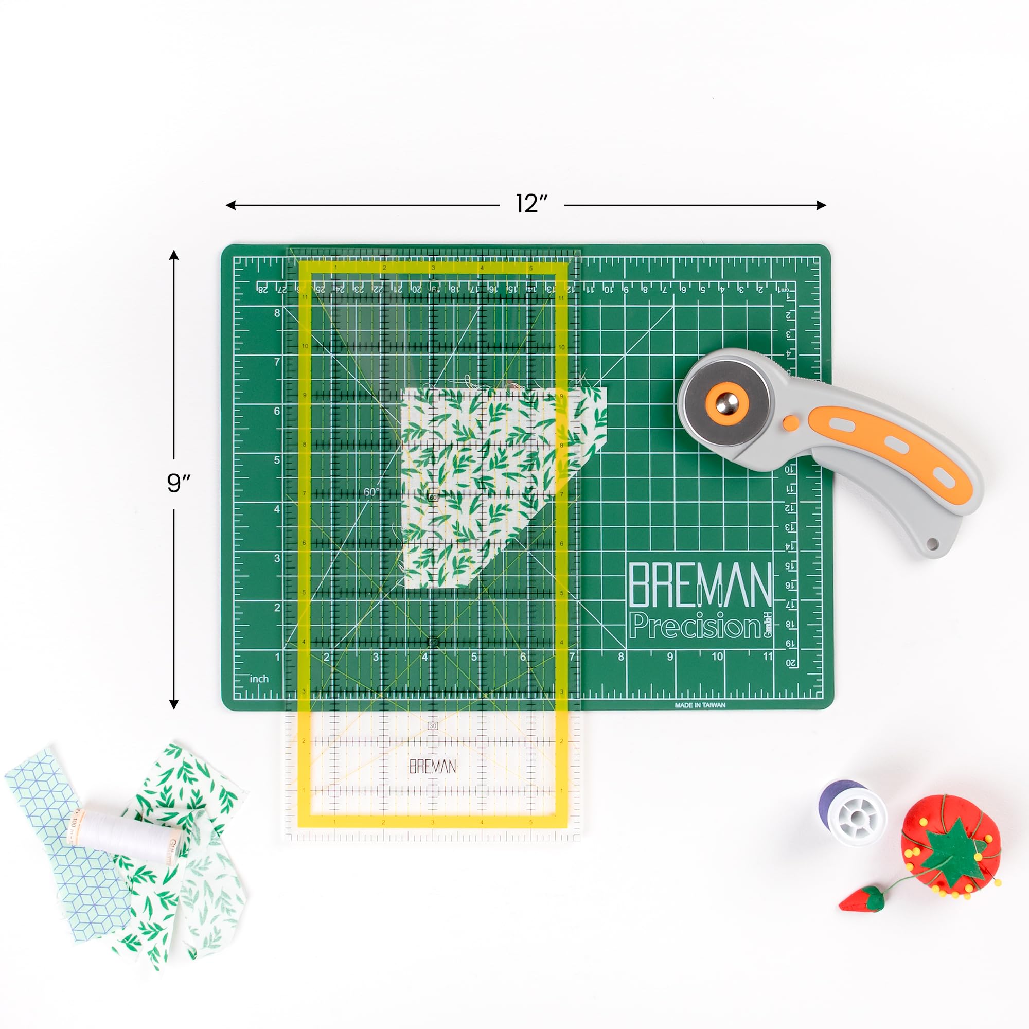 WA Portman Self Healing Cutting Mat & Rotary Cutter Set – 45mm Rotary Cutter for Fabric with 5 Extra Blades with 9x12 Fabric Cutting Mats for Crafts & 6x12 Acrylic Quilting Rulers – 3pc Sewing Kit 6