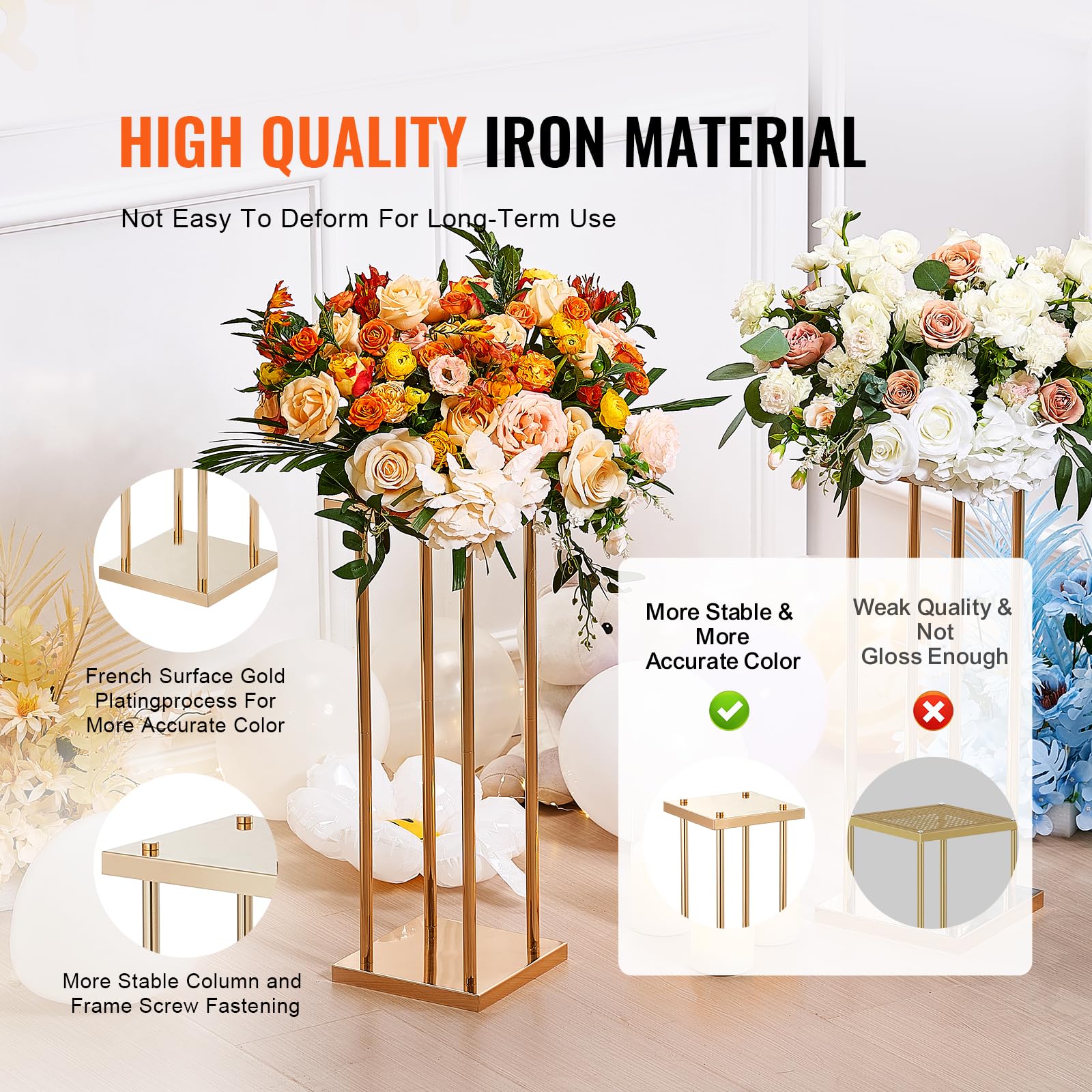 VEVOR 4PCS Gold Metal Column Wedding Flower Stand, 31.5inch High With Metal Laminate, Vase Geometric Centerpiece Stands, Cylindrical Floral Display Rack for Events Reception, Party Road Leads 4