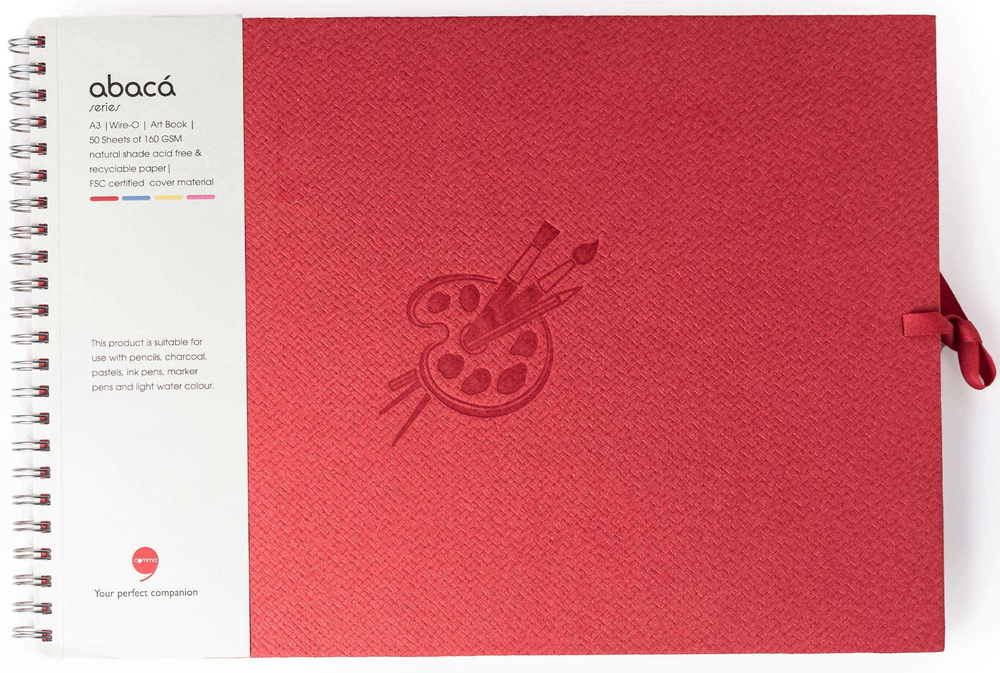 Comma Abaca – Wire-O Bound Sketchbook with Ribbon Closure – A3 Size (Large) – 50 Sheets – 160gsm Anti-Ageing, Acid Free, Archival Fine Grain Paper – Micro-Perforations for Easy Tear Off – (Red) 3