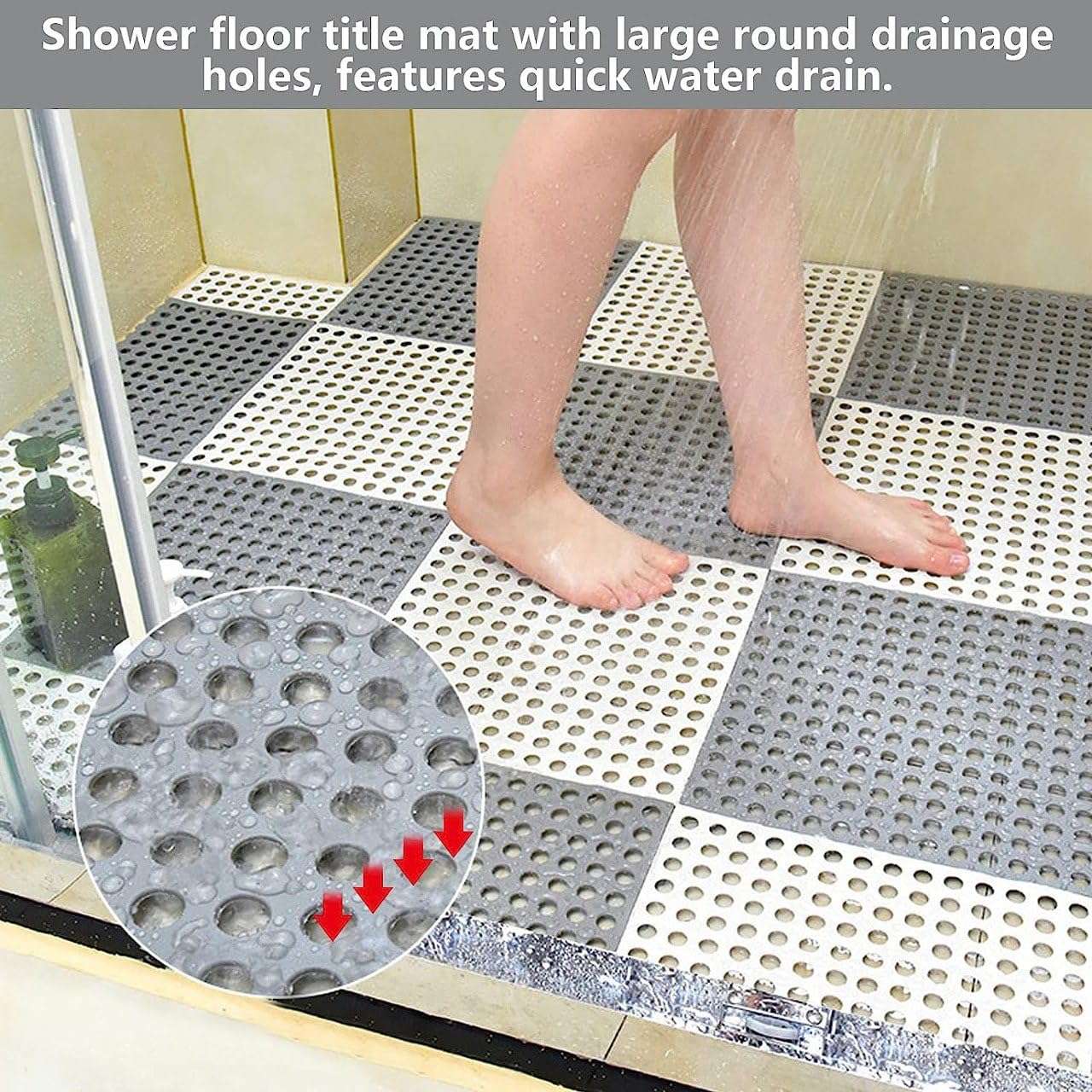 REDMART Interlocking Non-Slip Bathroom Floor Tiles (30 x 30 cm) - Soft PVC Shower Mats with Drain Holes - Modular Splicing Massage Cushion for Wet Areas,Pool,Patio & Toilet (Grey & White,Pack of [12]) 4