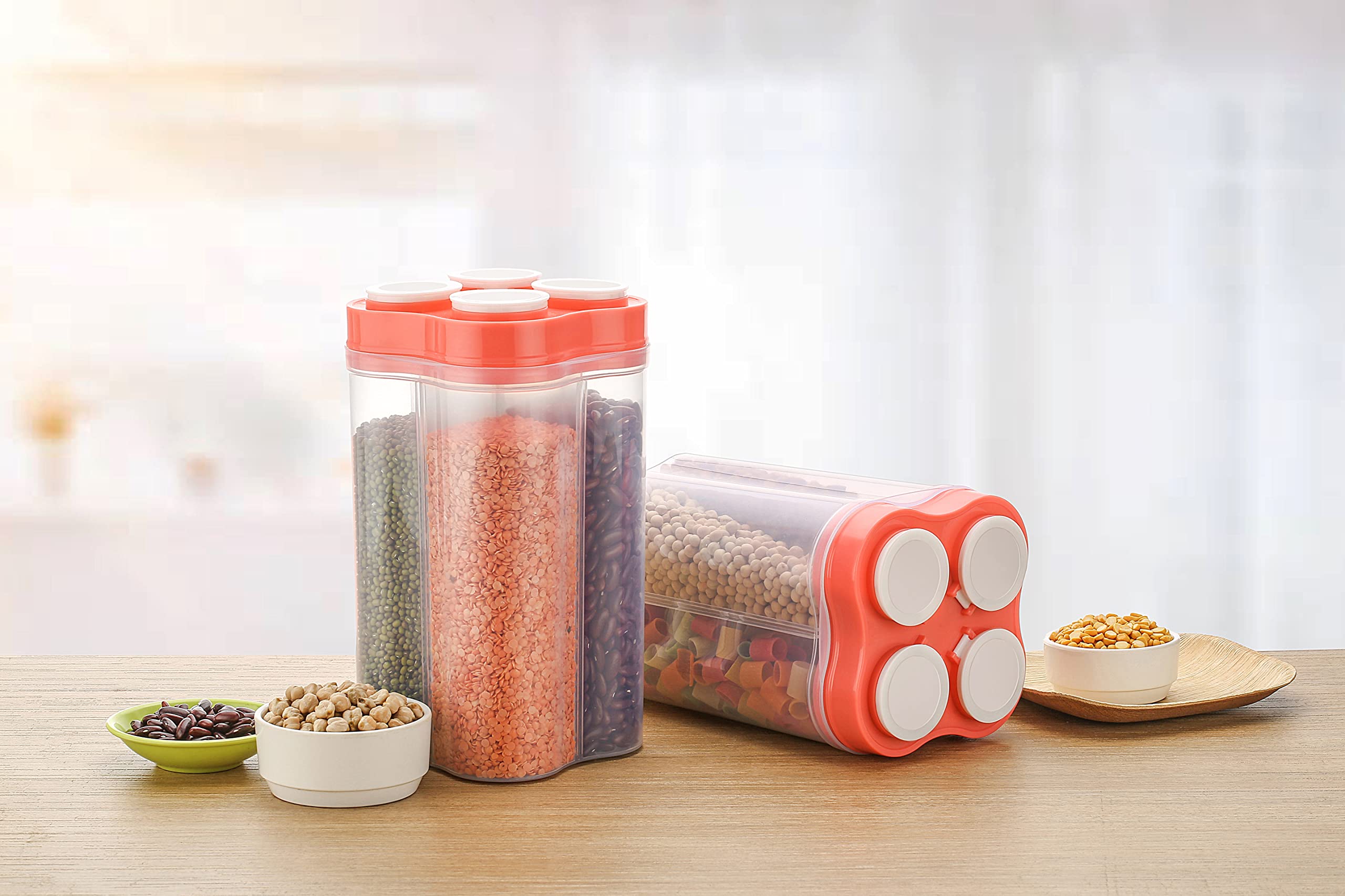 LEAWALL 4 Section Plastic Storage Container Kitchen Container Set - 2500 ml Plastic Grocery Container (Pack of 2, RED) 3