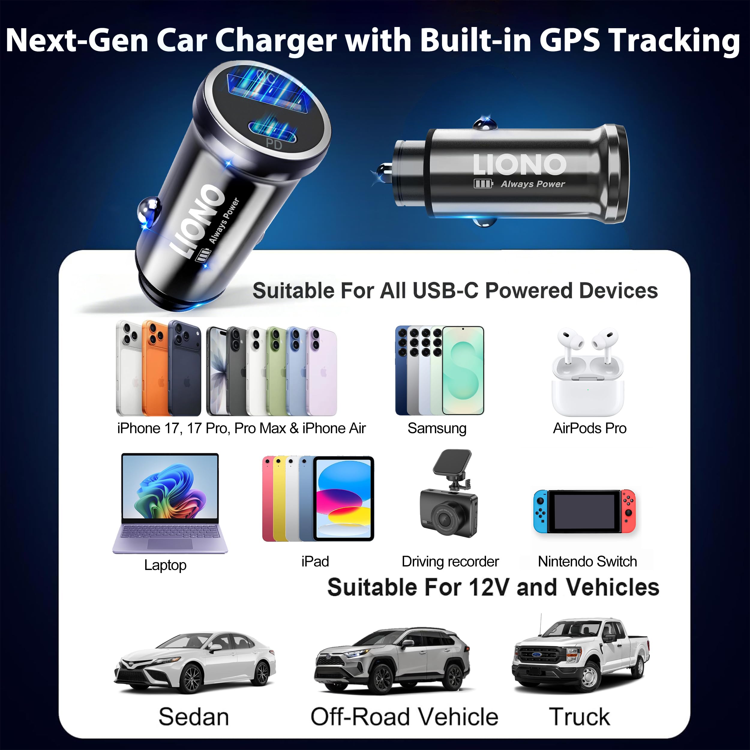 USB C Car Charger 80W Fast Charging with GPS Tracker, Dual Port Cigarette Lighter Adapter Car Phone Charger, 40W PD & QC for iPhone 17–8, Galaxy S25–21, Hidden Car Tracking Devices & Family Safety 6