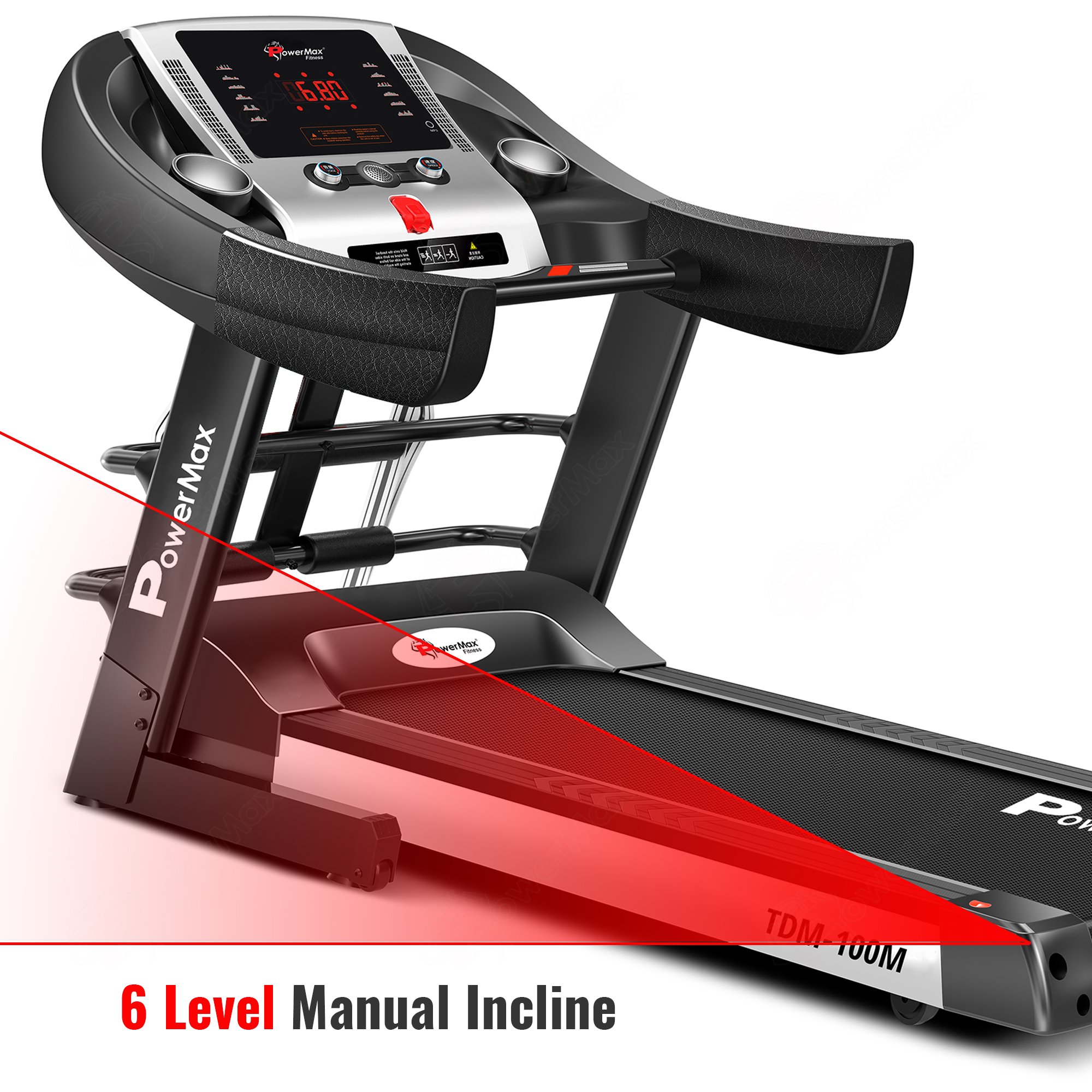 PowerMax Fitness TDM-100M (4HP Peak) Multi-Function Treadmill For Home Use With Massager |treadmill for 105Kg user weight| 6 Level Incline | Top Speed:14.8 Km/hr Spring Resistance | LED Display | AUX 4