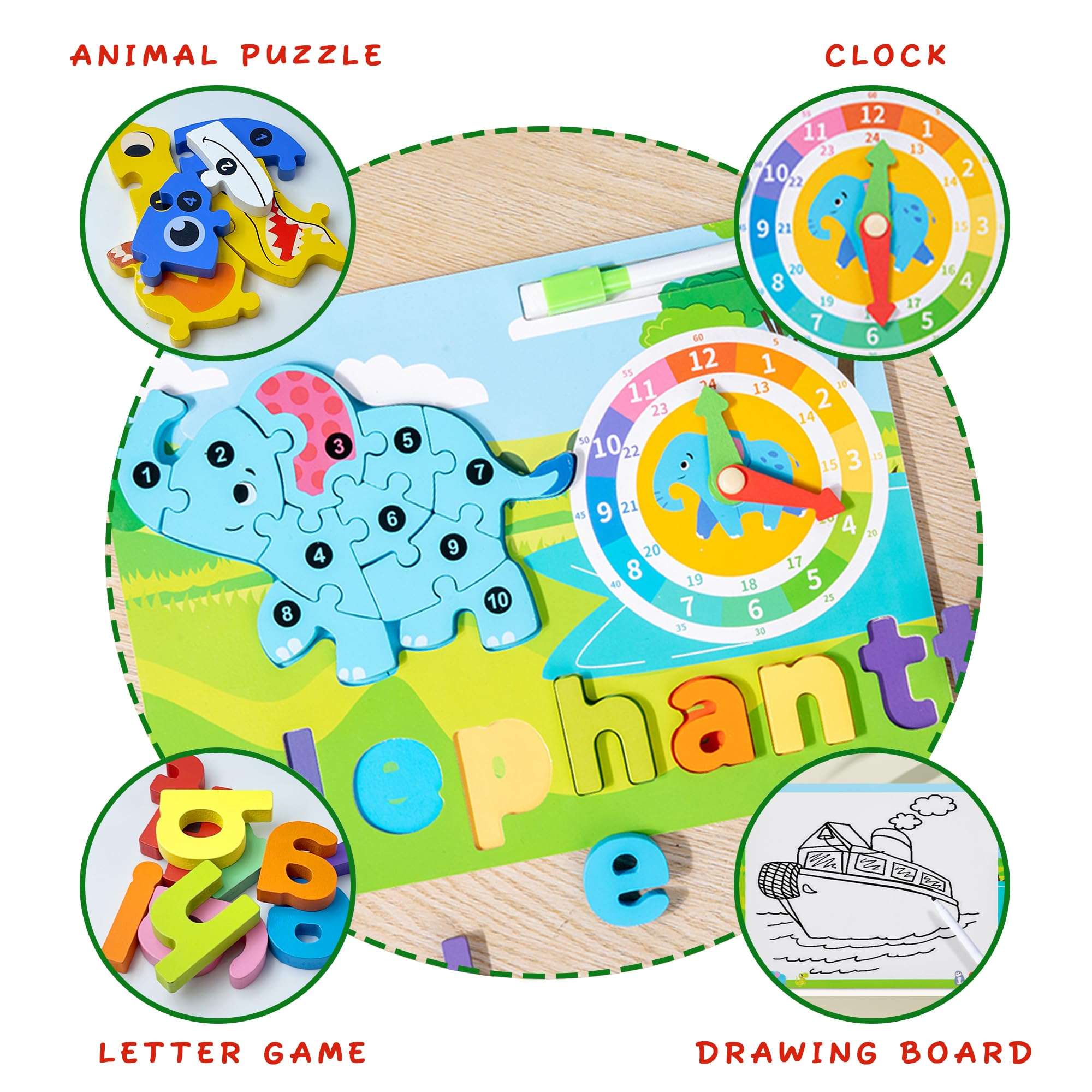 EINZUFUF Toddler Puzzles, Puzzles for Toddlers 3-5 Montessori Toys 10Pcs, Learning Clock & Drawing Board & Wooden Alphabet Letters, Educational Toy Gift for Toddlers 3-5 Year Old (Elephant 10Pcs) 4