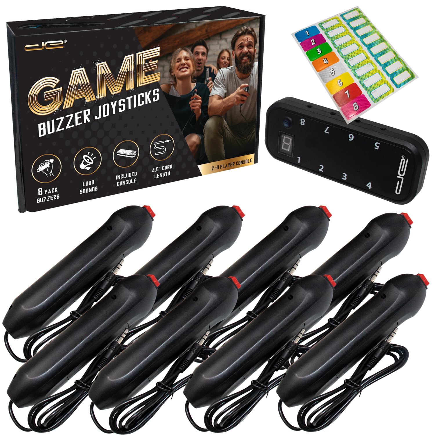 Digital Energy Handheld Game System - Console Displays First Buzz-in - Great for Jeopardy, Family Feud, Trivia and Buzzer Games - Console with 8 Joystick Buzzers 1