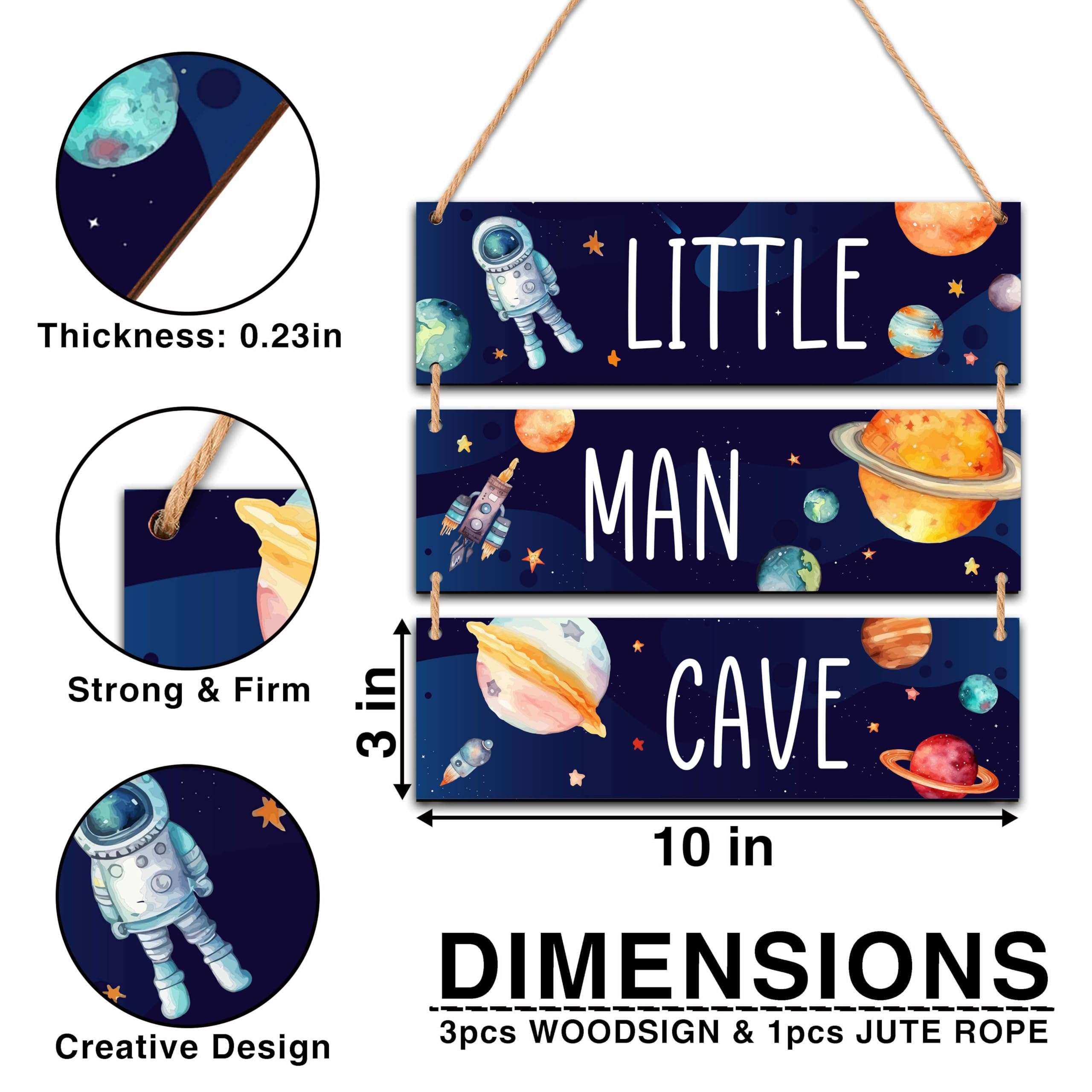 Little Man Cave, 3" x 10" Outer Space Wooden Door Sign for Bedroom Nursery Playroom Decor, Teen Boy Gifts for Son Game Lover, Gaming Wall Art - A07 3