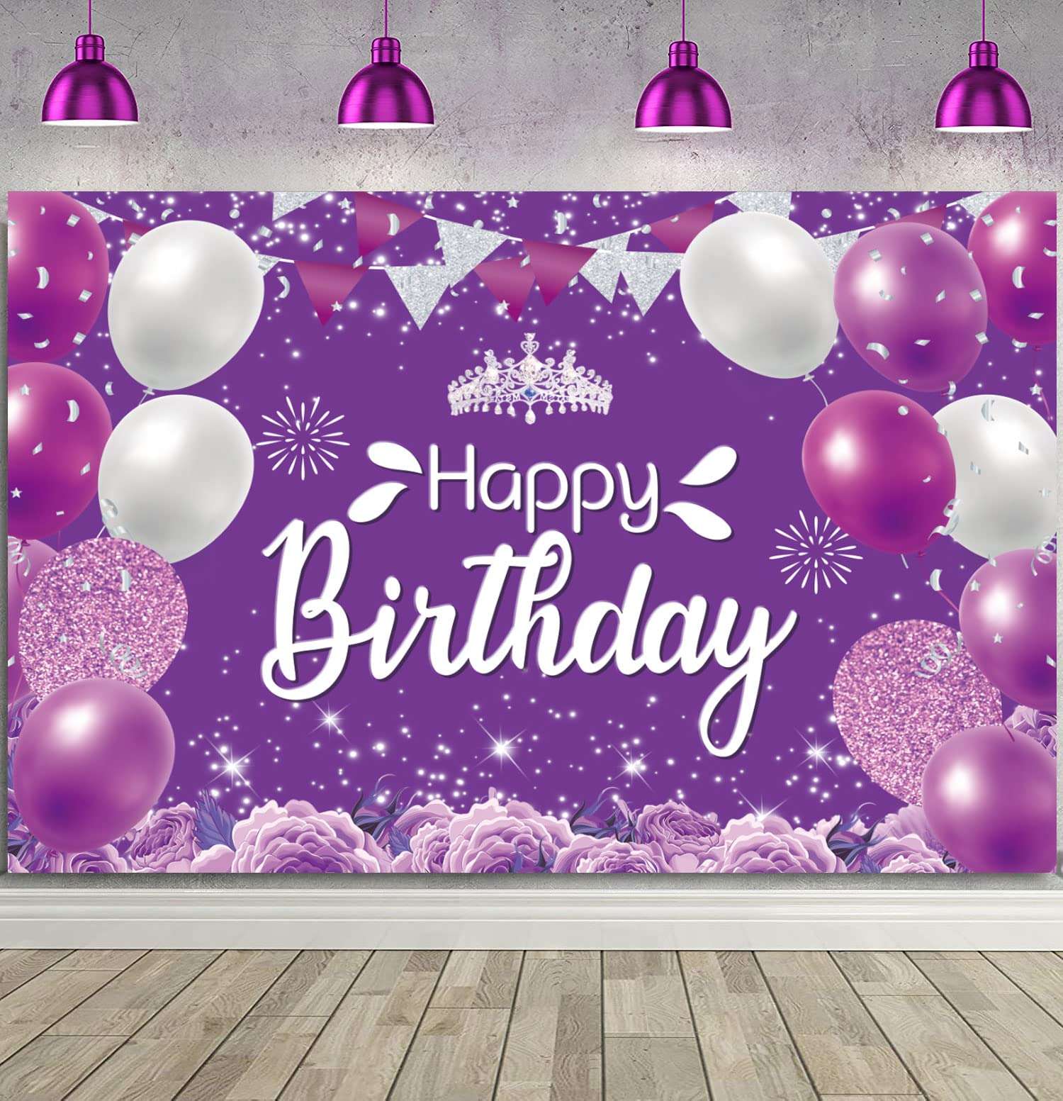 Purple Happy Birthday Backdrop Purple Silver Birthday Sign Purple Silver Birthday Party Banner Decor Purple Silver Birthday Backdrop for Women Girl Birthday Party Celebration (7x5ft) 4