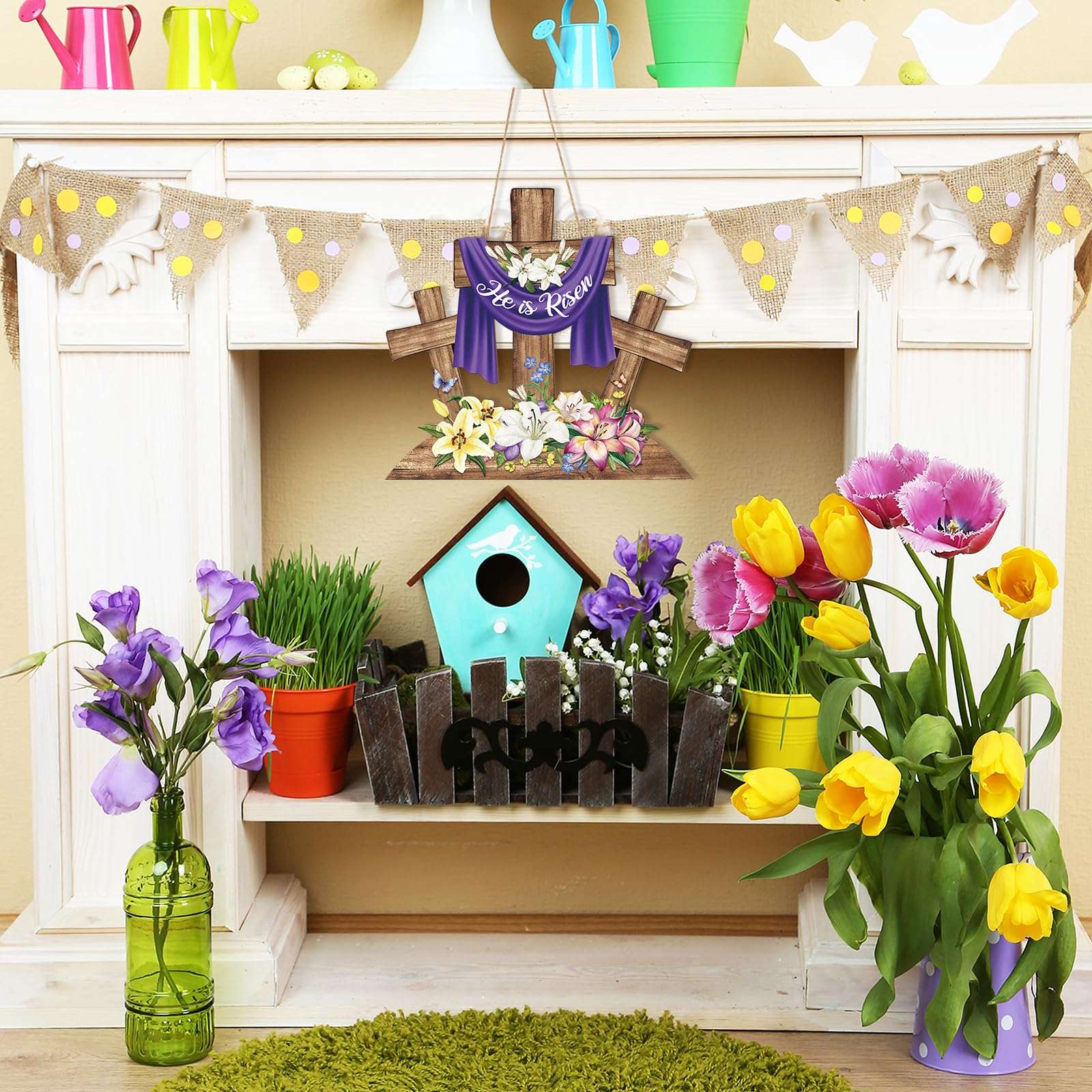 He is Risen Easter Decoration Wood Door Wall Signs, Wooden Wreaths Front Door Sign Cross Sign Christian Jesus Lily Flowers Ornaments Hanging Crafts for Spring Home Farmhouse Party Porch Wall Decor 4