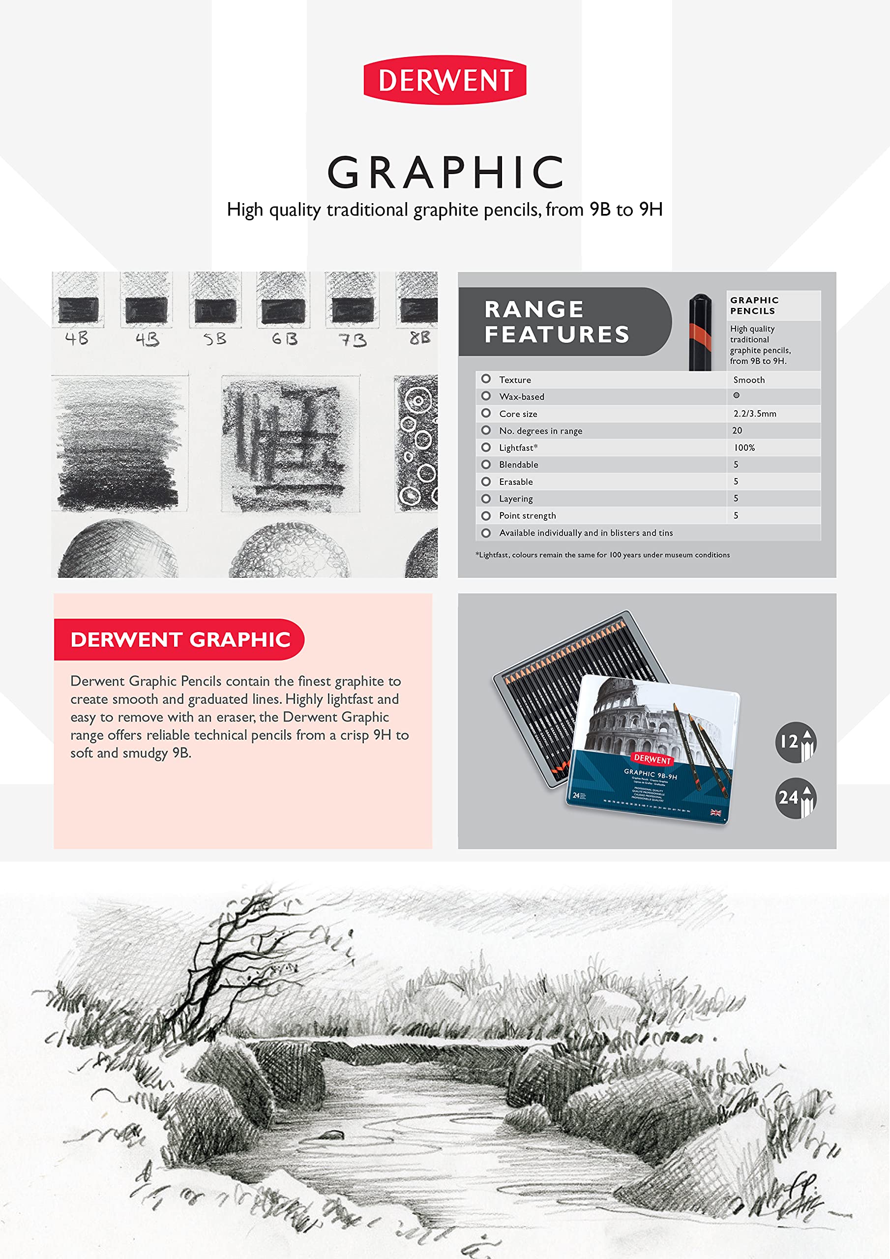 Derwent Watersoluble Graphitone Mixed Media Blister with Eraser and Sharpener 6