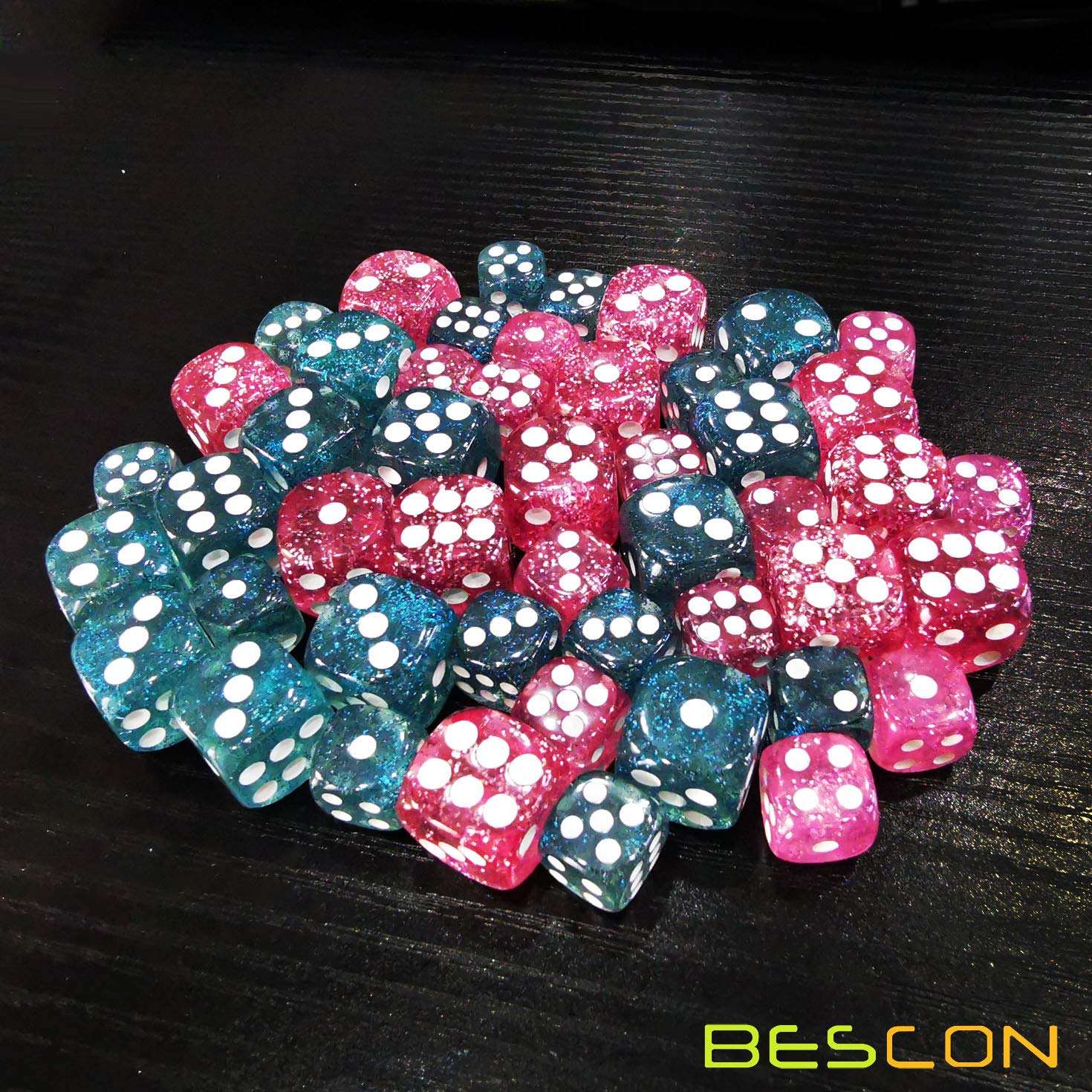 Bescon Ethereal Glitter Dice D6 16MM&12MM 48pcs Set, Game Dice Glitter Rose and Teal in 12MM&16MM Each 12pcs 4