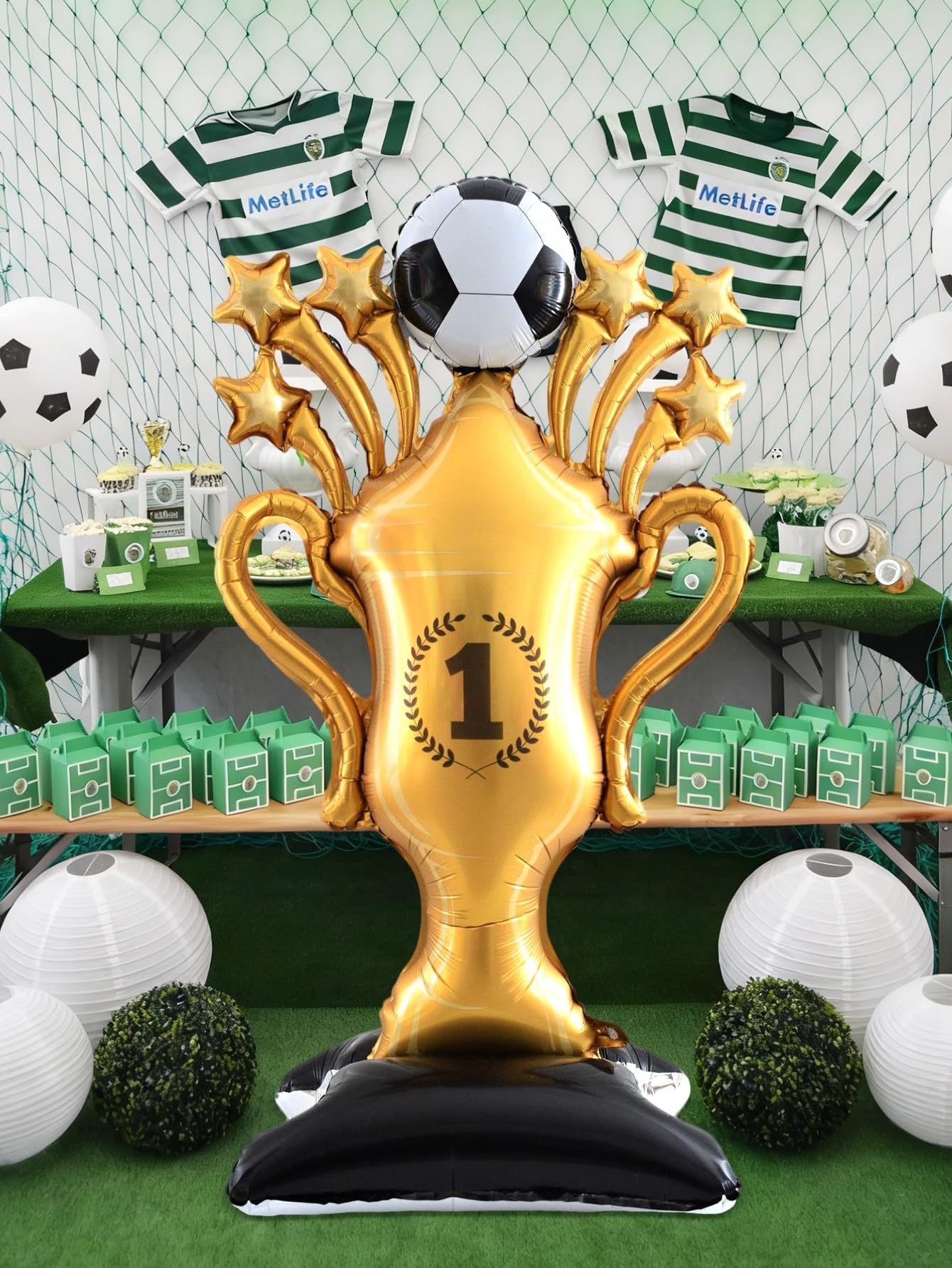 Atpata Funky 5 Feet Football Trophy Shape Self Standing Foil Balloon with Balloon Base – Giant Gold Champion Cup Balloon for Football Lovers Birthday, Match Day, Sports Event & Turf Party 6