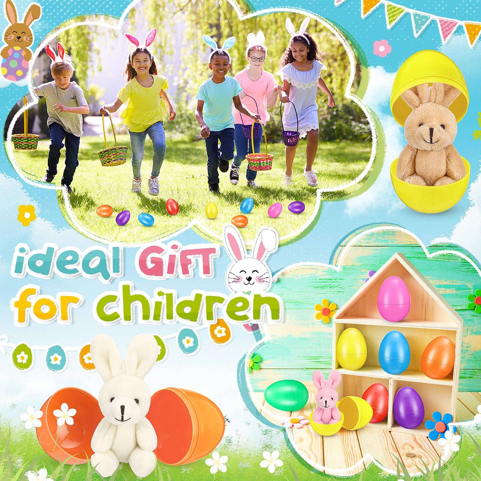 Halloscume 27 Set Filled Easter Eggs with Plush Bunny 4.33 Inch Colorful Bunnies Plush Plastic Easter Eggs Prefilled with Stuffed Animals for Kids Toddler Egg Hunt Easter Basket Stuffer Party Favors 5