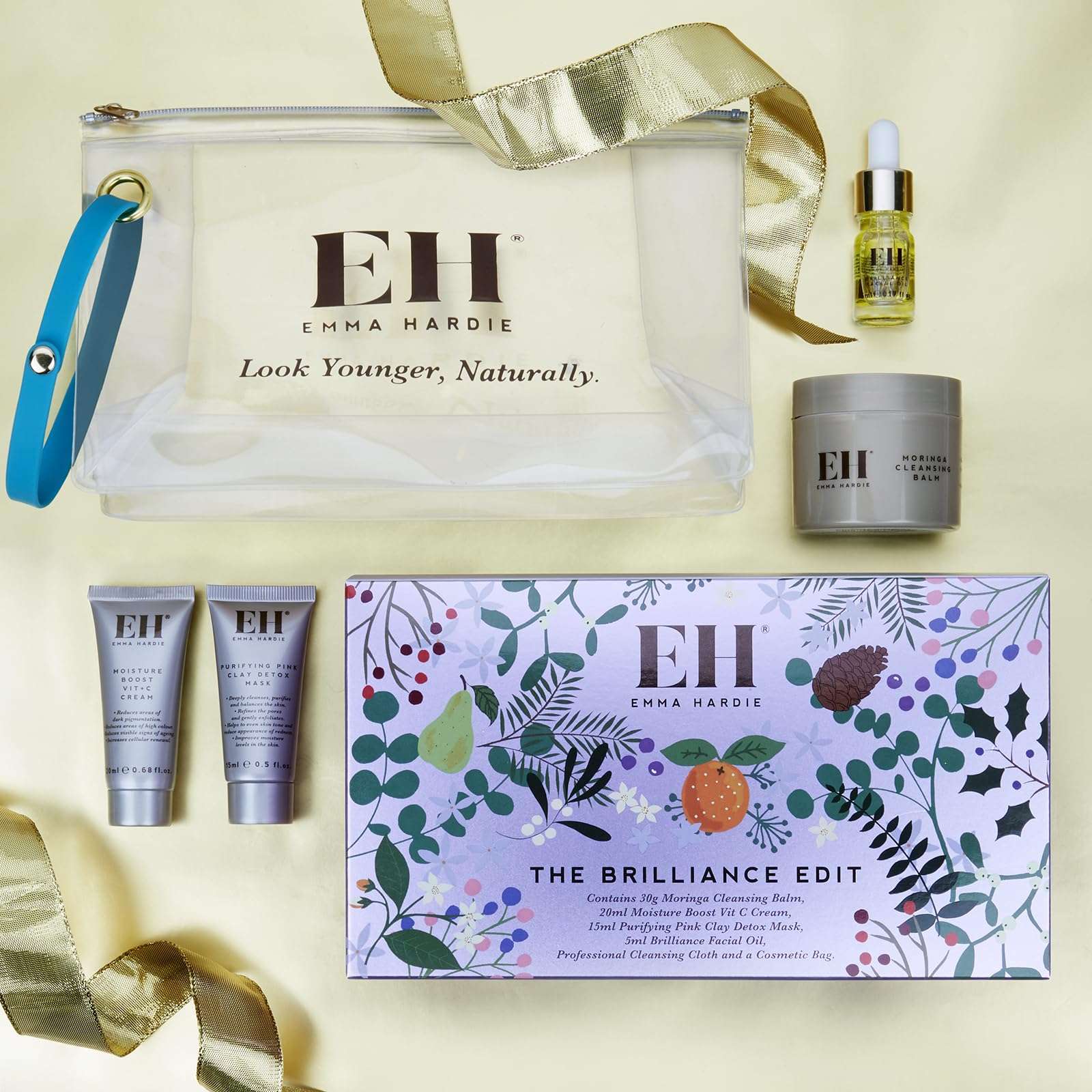 Emma Hardie Brilliance Holiday Gift Set with Moringa Cleansing Balm, Reusable Cleansing Cloths, Vitamin C Cream, Purifying Pink Clay Mask and Brilliance Facial Oil, With Cosmetic Bag, Travel Size 4