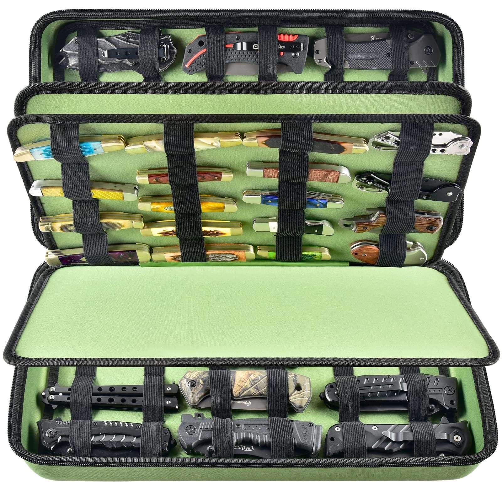 Display Case for 66+ Pocket Knives. Folding Holder, Butterfly Storage Organizer, Roll Collection Pouch Carrier Bag for Survival Tactical Outdoor for EDC Mini Knife -Green 1