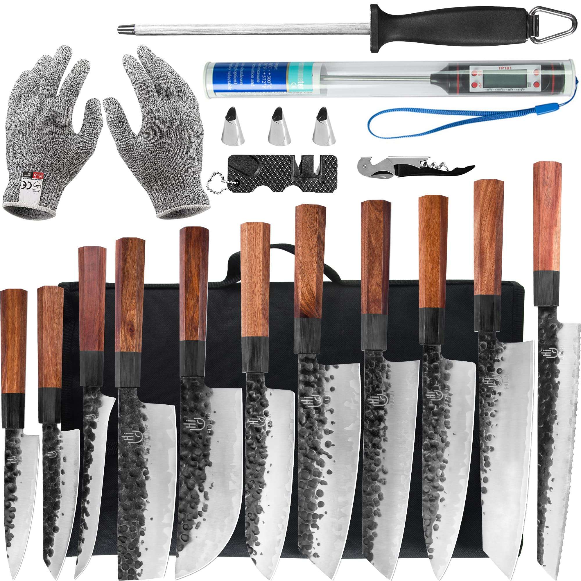 FULLHI 18pcs Gyuto Chef Knife set & Magnetic Knife Block Holder, 3 Layers 9CR18MOV High Carbon Meat Sushi Knife Rosewood Handle with knife bag 3