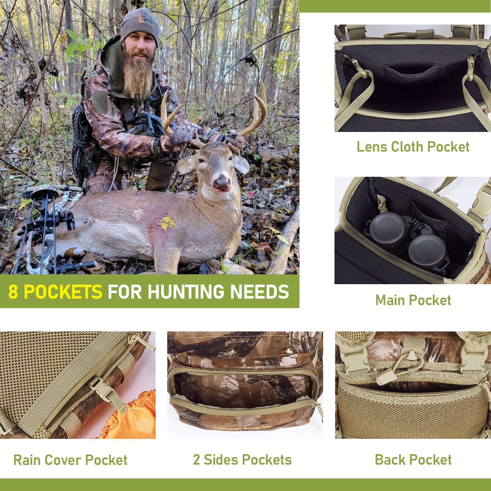 Wild Cedar Binocular Harness Chest Pack with Rangefinder Pouch, Bino Harness with Rain Cover for Bird Watching, Hunting, Hiking 4