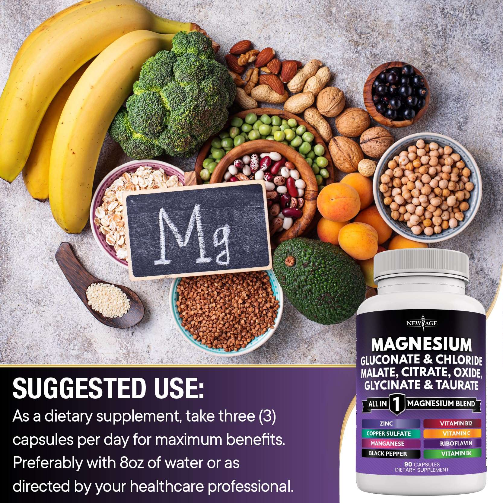 NEW AGE Magnesium Supplement -Powerful Glycinate Citrate Malate Oxide Taurate Aspartate Gluconate Orotate & Mag Chloride Manganese Bone Health and Bone Strength, Joint Support - 90 Count 6