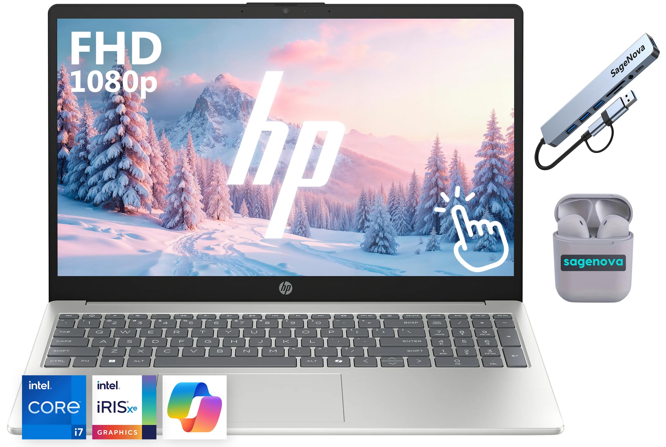HP 15.6" Touchscreen Laptop Computer, 64GB RAM 2.5TB Storage (2TB SSD+512GB Docking Station Set), Intel Core i7-1355U, FHD 1920 x 1080 IPS Display, Copilot AI, Windows 11, SageNova Earphones, Silver