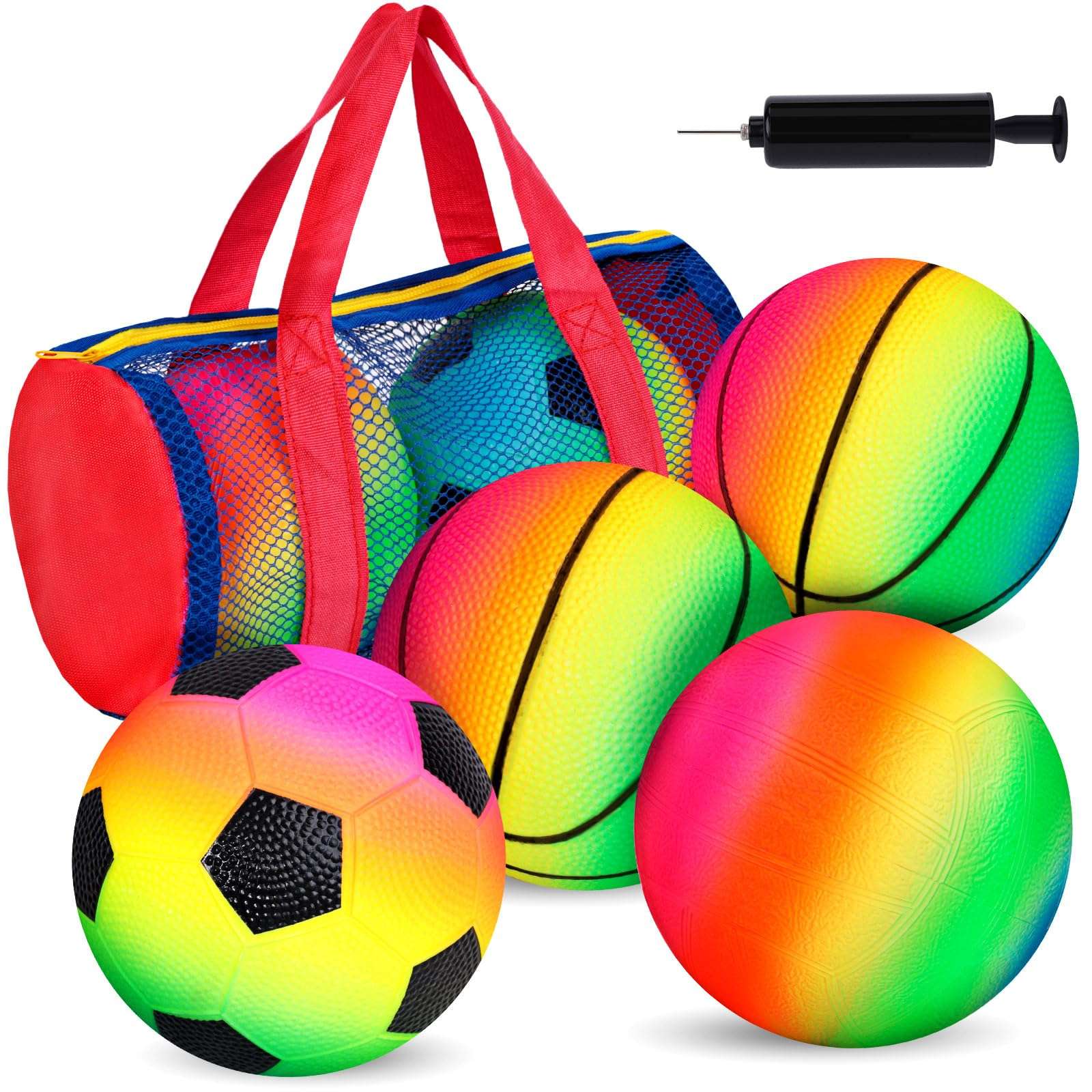AMOR PRESENT Sport Balls for Kids, Inflatable Balls with Bag Includes Rainbow Kickballs Volleyballs Dodgeballs, Fun Indoor Outdoor Toys, Sport Soft Bouncy Playground Balls, for Kids Sport Party Favors 1