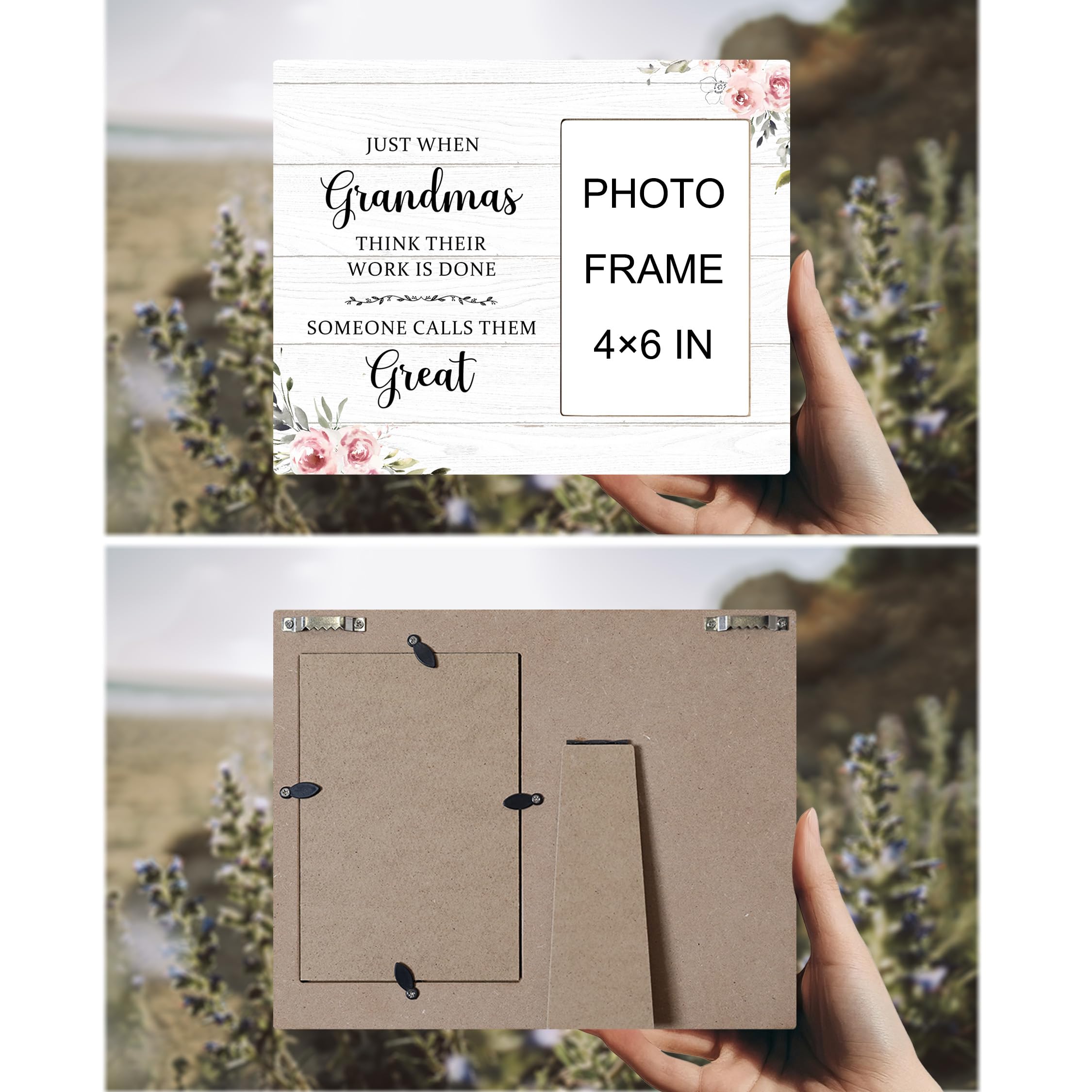 Kneaotoaji Great Grandma Picture Frame - Great Grandma Baby Announcement Gifts, Just When Grandmas Think Their Work Is Done Someone Calls Them Great Wooden Frame for Tabletop or Wall Hanging 4x6 Photo 5
