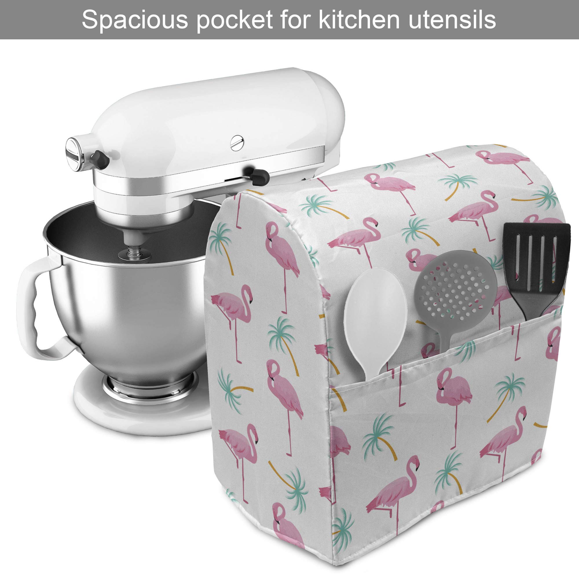 Lunarable Flamingo Stand Mixer Cover, Happy Summer Vibe Themed Pattern Palm Trees and Birds, Kitchen Appliance Organizer Bag Cover with Pockets, 6-8 Quarts, Pink Turquoise 3