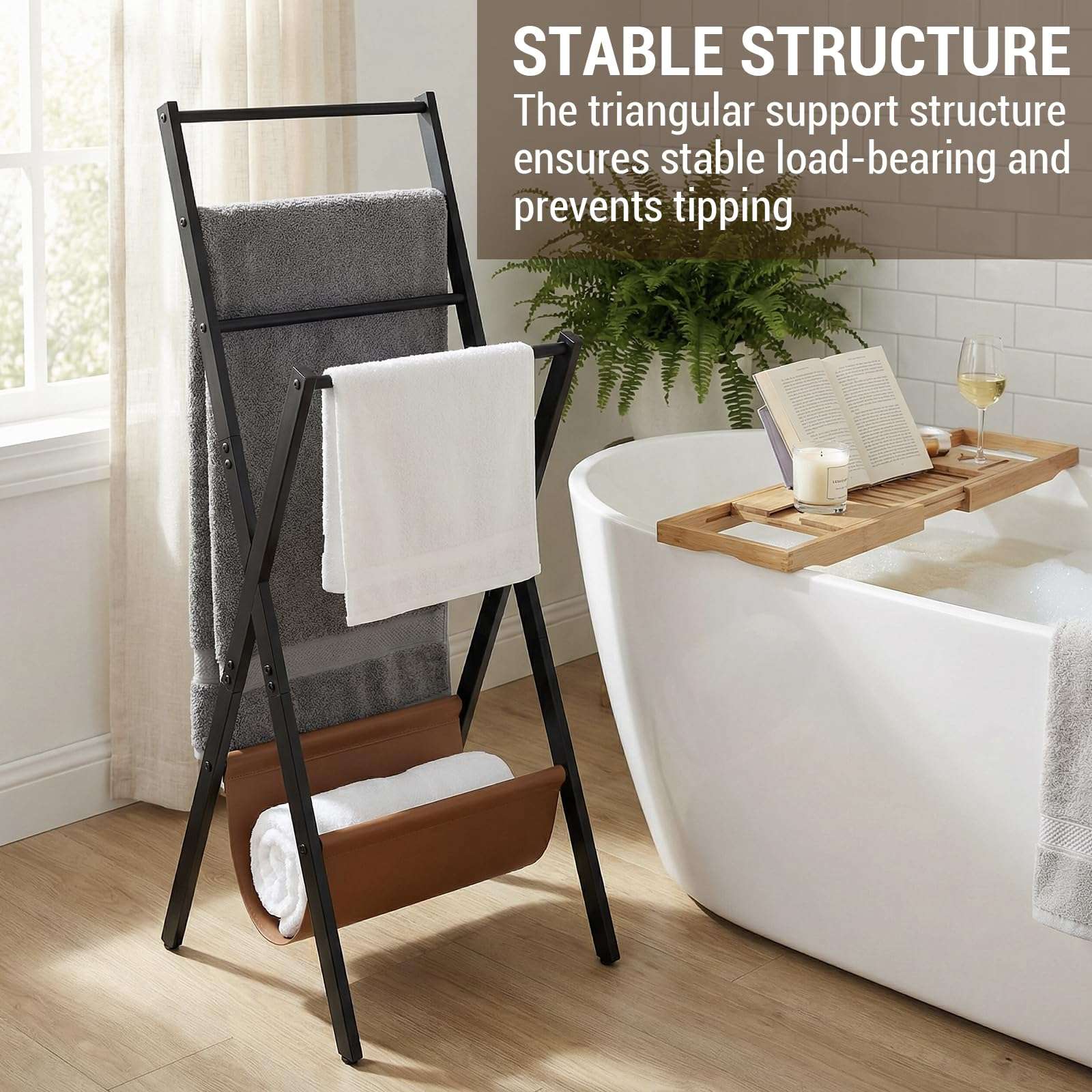 MyGift Blanket Ladder, Freestanding Blanket and Towel Rack with 4 Crossbars and Tan Leatherette Magazine Storage Holder – Modern Metal Floor Living Room or Bathroom Organizer Stand 4