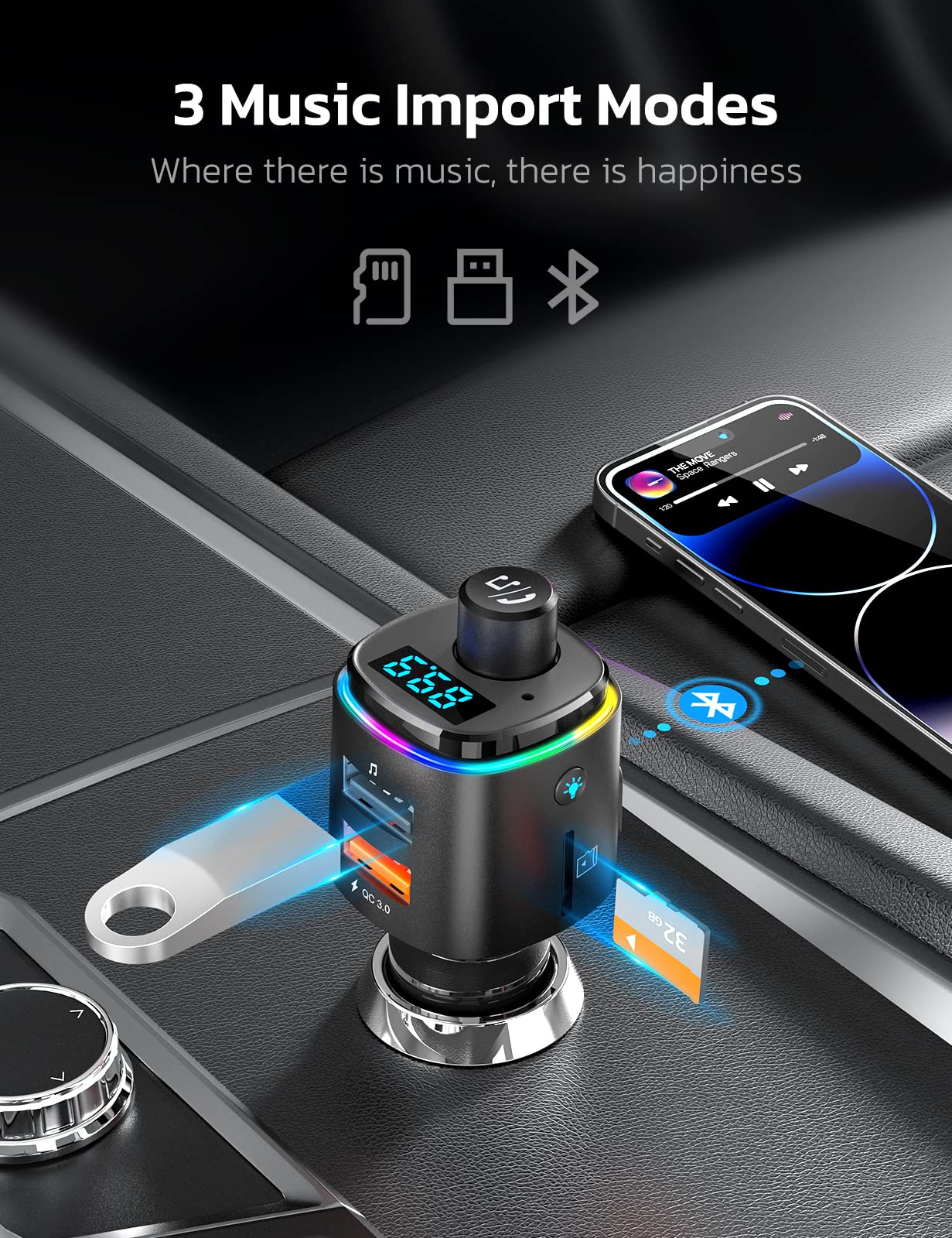 Nulaxy Bluetooth FM Transmitter for Car, 7 Color LED Backlit Bluetooth Car Adapter with QC3.0 Charging, Support Siri Google Assistant, USB Flash Drive, microSD Card, Handsfree Car Kit - NX09 Silver 3
